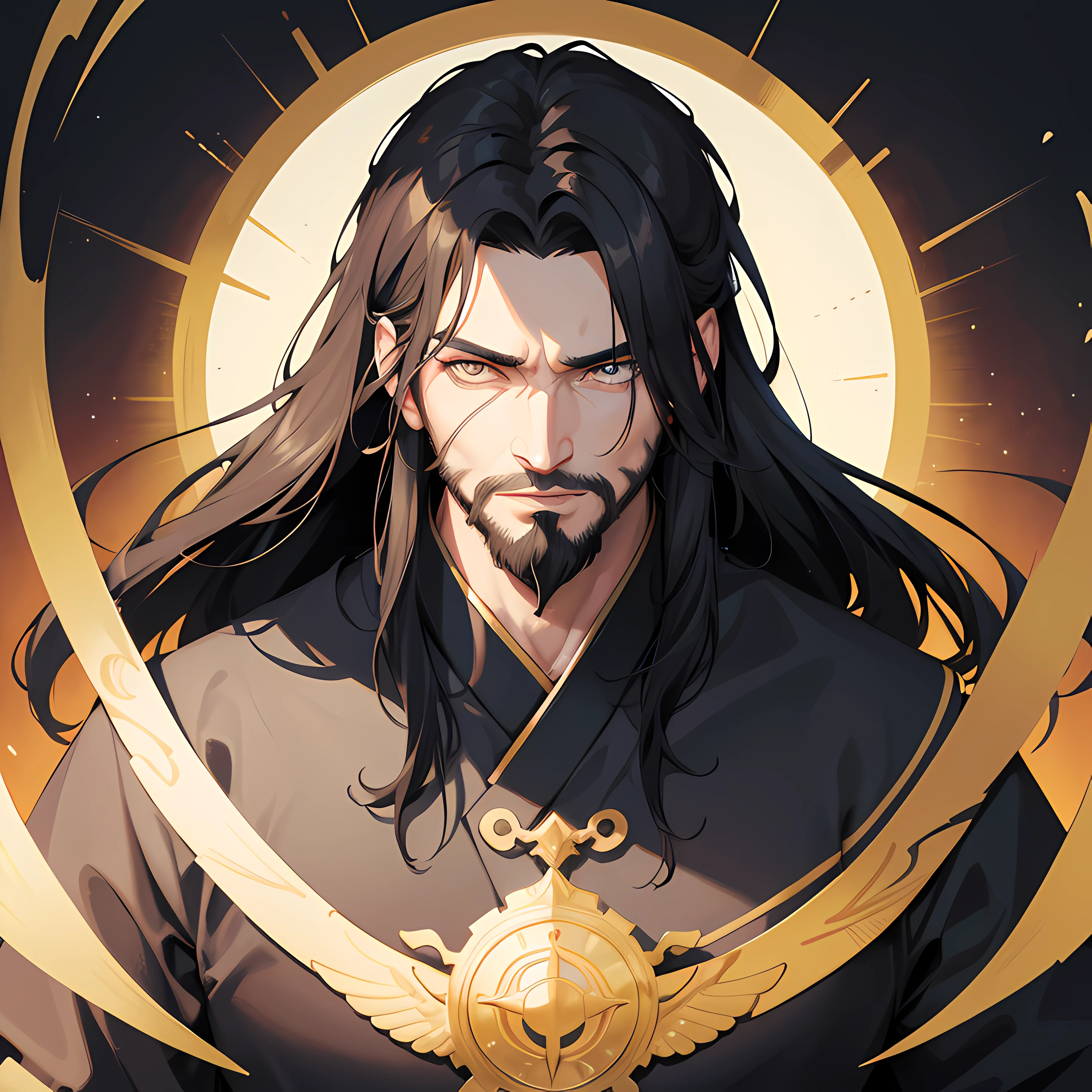 (Portrait, Masterpiece, High Quality, Best Quality, Official Art, Stylish and Aesthetics: 1.2). Staring_the_viewer, a man with black long hair and a big rough face, he's a family man and he has a Stubble Beard., black_hair, long_hair, black_long_hair, rough_face, 40_old_age, Stubble_Beard, Yellow_amber_eyes, amber_eyes, (masterpiece, best quality, ultra-detailed, highres, best illustration) very detailed background,extreme light and shadow,(detailed eyes), (beautiful) beautiful detailed eyes, perfect lighting , perfect anatomy,(extremely detailed illustrated 8k wallpaper),(masterpiece), (best quality), (ultra-detailed), (best illustration),(best shadow), vivid colors. 1men. XianXian Style, Ary_Xianxian, chinese_xianxian.