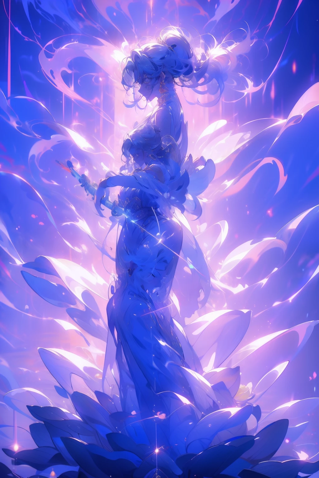 (Sit on a lotus),A woman of outstanding figure,a Buddhist Buddha,Wear a nice miniskirt,Leaking out of both shoulders,Transparent body,fresh flowers,jewely,Amazing work,Vitreous luster,clean backdrop,High gloss,blue colors,In pink,cyan colors
