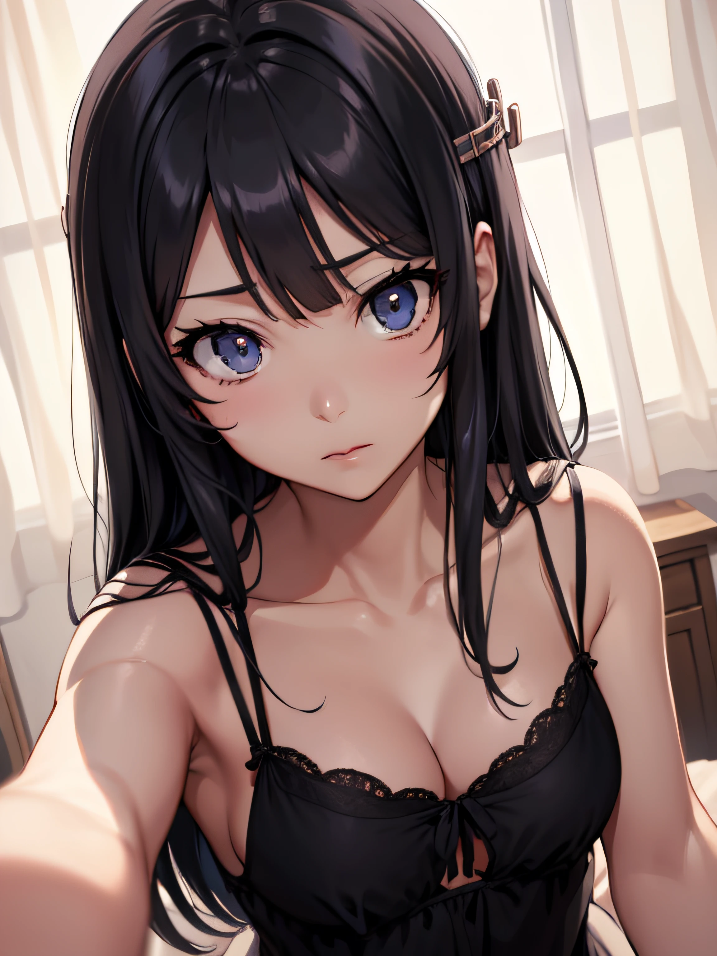 2d, sketch art, one anime woman, sad, black hair, busty, small breasts, cleavage, POV, close up, nightgown, (detailed eyes, beautiful eyes), bedroom