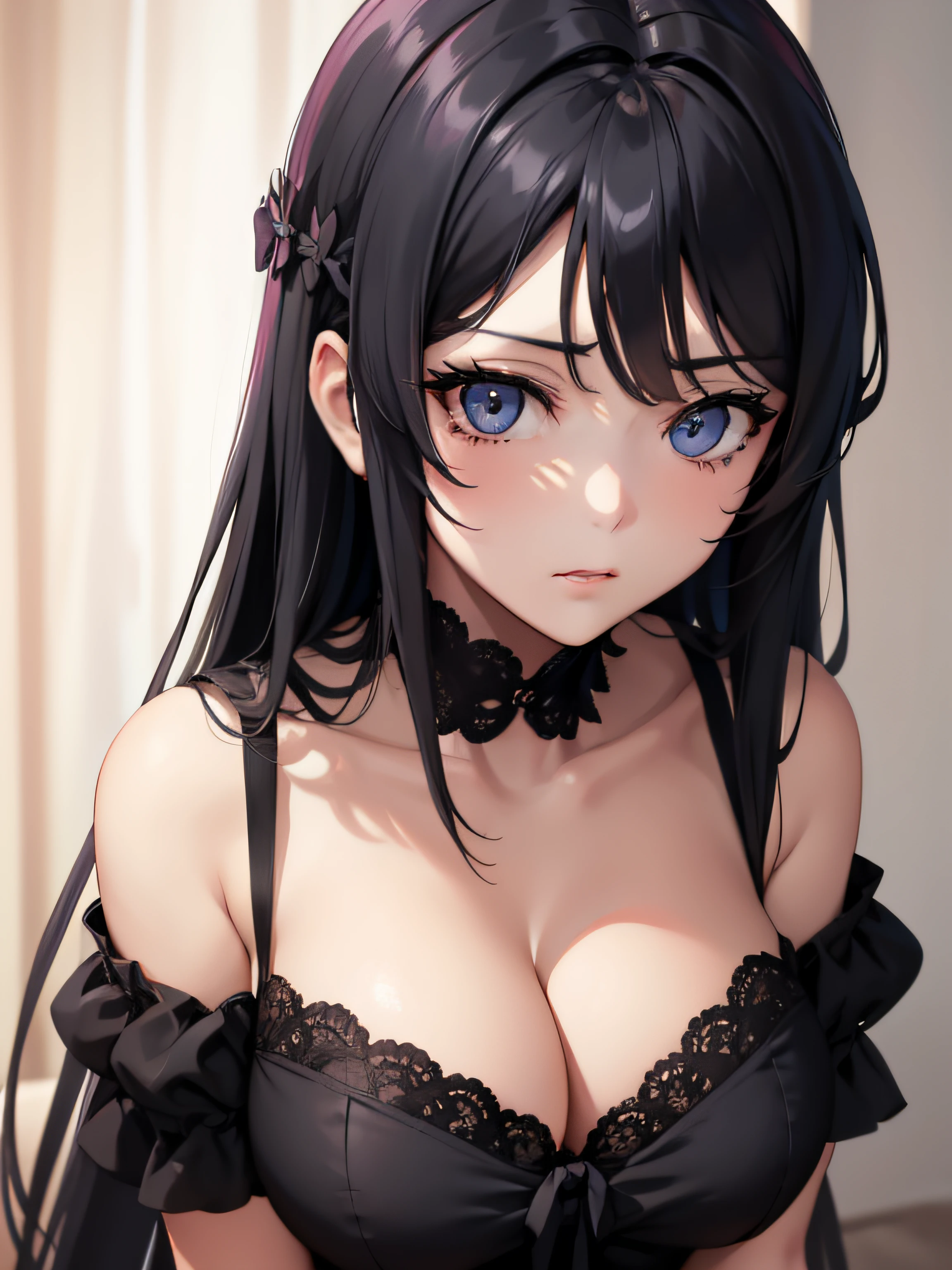 2d, sketch art, one anime woman, sad, black hair, busty, medium breasts, cleavage, POV, close up, nightgown, (detailed eyes, beautiful eyes), bedroom