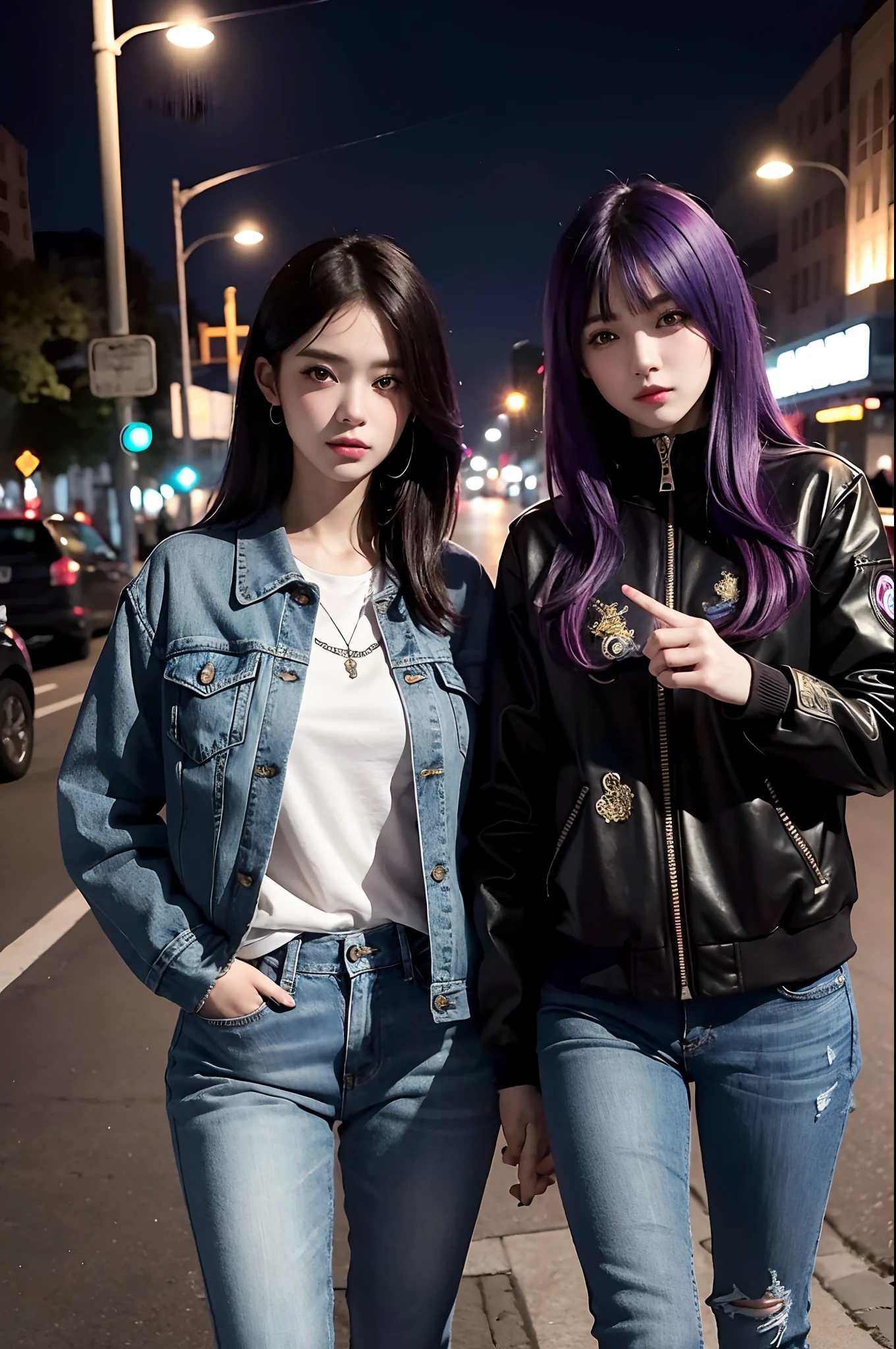 (masterpiece, best quality), 2girls,duo,stroking, emo, beautiful hair, colorful hair, intricate jacket, jeans, magical tattoos, perfect night, moonlight, street