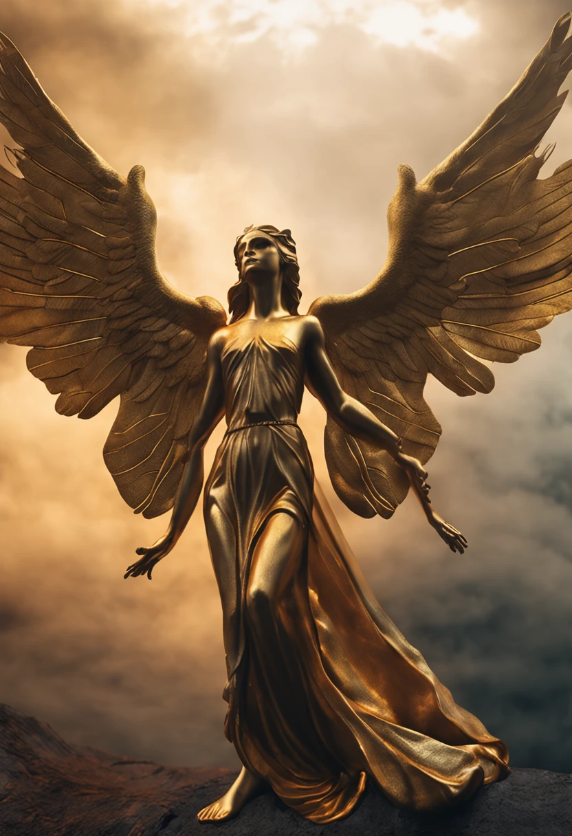 Ultra-realistic angelic figure An angel with wings spread in a gloomy setting and with dark smoke