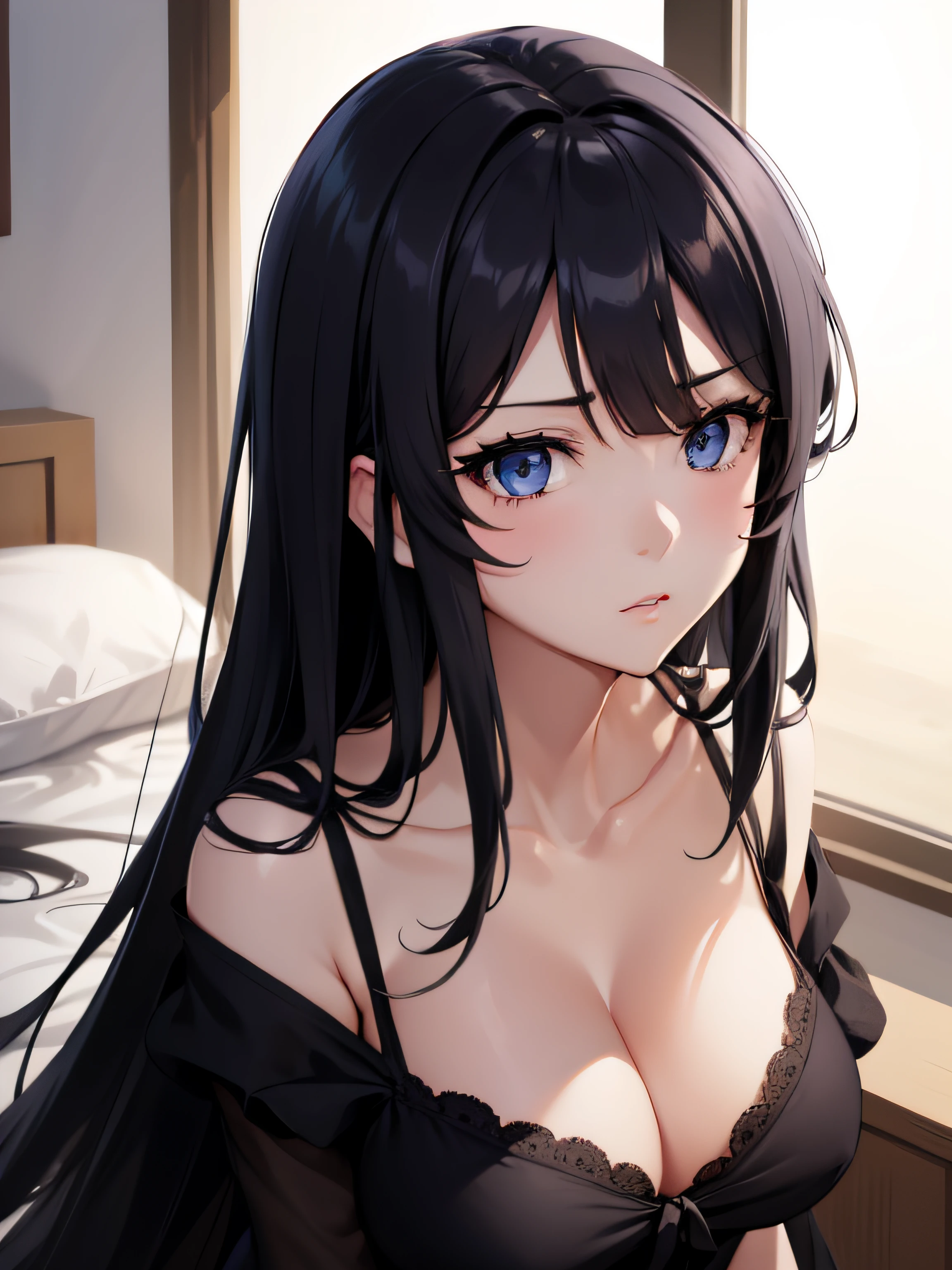 2d, sketch art, one anime woman, sad, black hair, busty, medium breasts, cleavage, POV, close up, nightgown, (detailed eyes, beautiful eyes)