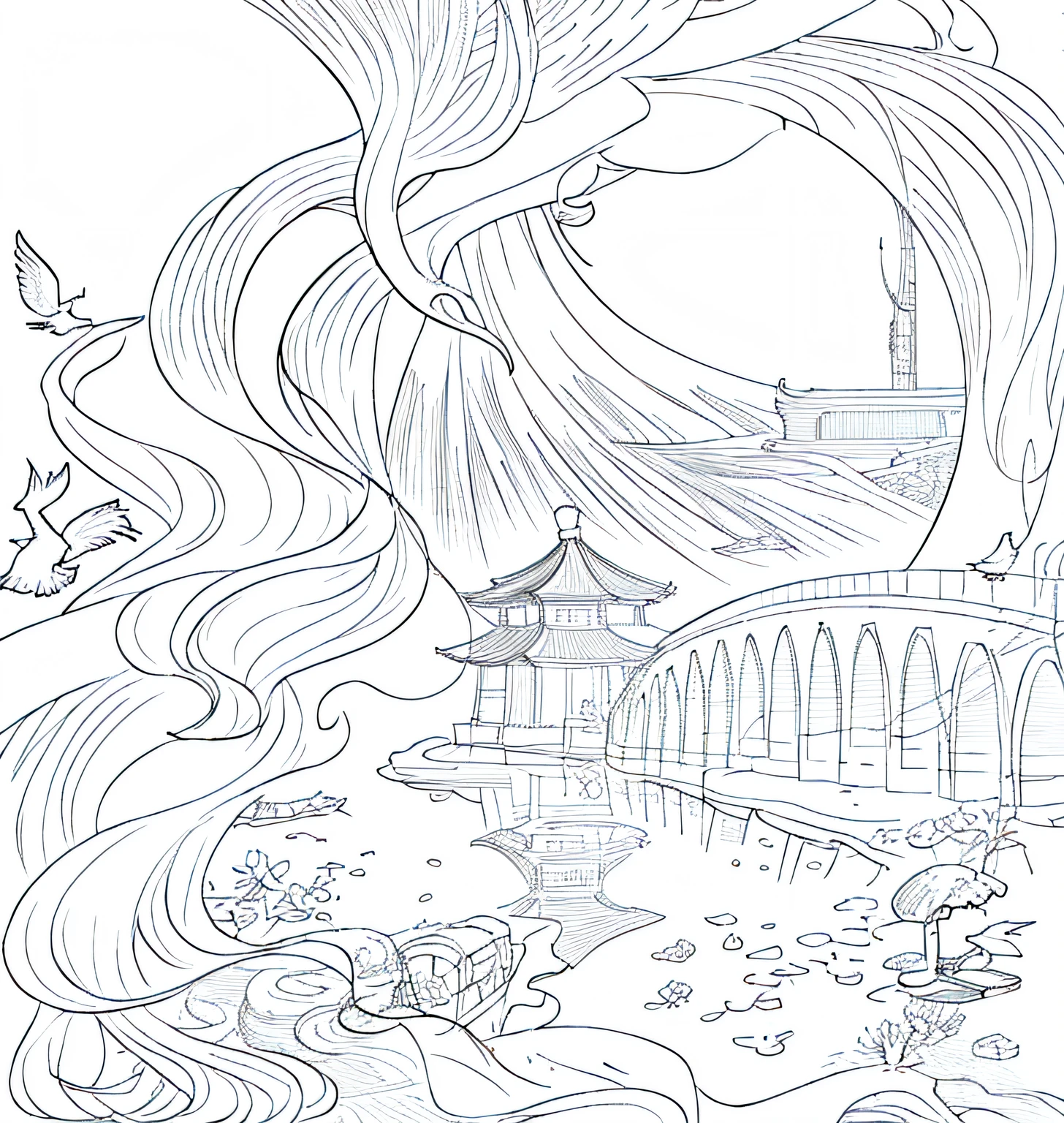 Draw a bird flying over a pond,In the background is a pagoda, concept piece, inspired by Sōami, inspired by Kanō Motonobu, inspired by Tawaraya Sōtatsu, Outline sketch, anime city lineart, clean lineart, white backgrounid, monochrome, Line drawing, ((Sketch))