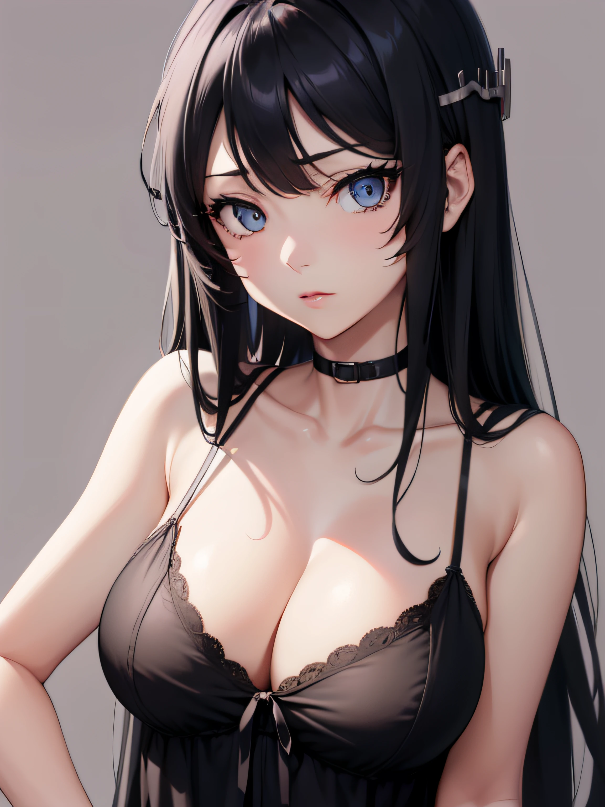2d, sketch art, one anime woman, sad, black hair, busty, medium breasts, cleavage, POV, close up, nightgown, (detailed eyes, beautiful eyes)