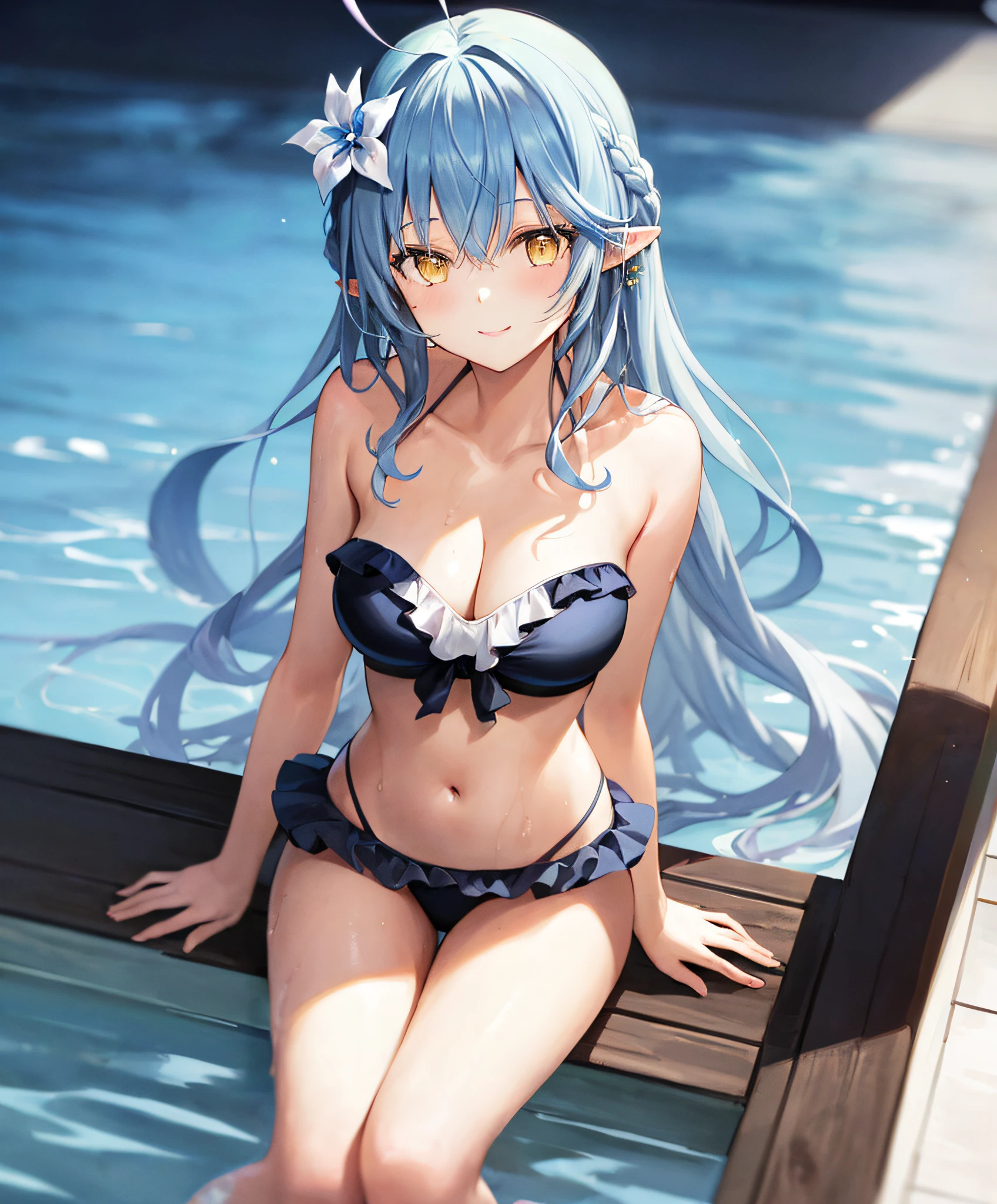 Illustration, masterpiece, Best Quality, Anime, Highly detailed face, Highly detailed eyes, Highly detailed background, Perfect Lighting, 1girl in, Solo, medium breasts, cleavage, Light blue hair, hair between eye, Yellow eyes, pointy ear, Long hair, heart ahoge, Hair Flower, Gradient Hair, Gradient Eyes, Strapless, cleavage, medium breasts, smile, pool ,bikini