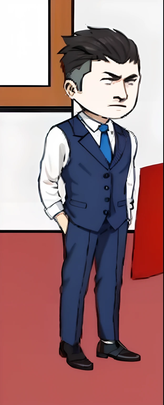 Caricature of a man in a suit and tie standing in front of a red chair, wearing a vest and a tie, wearing suit vest, dressed in a suit, wearing a strict business suit, dressed in a suit, dressed in a suit, no shirt under the vest, wearing a vest, wearing a vest, well - dressed, wearing a strict business suit, Wearing a vest