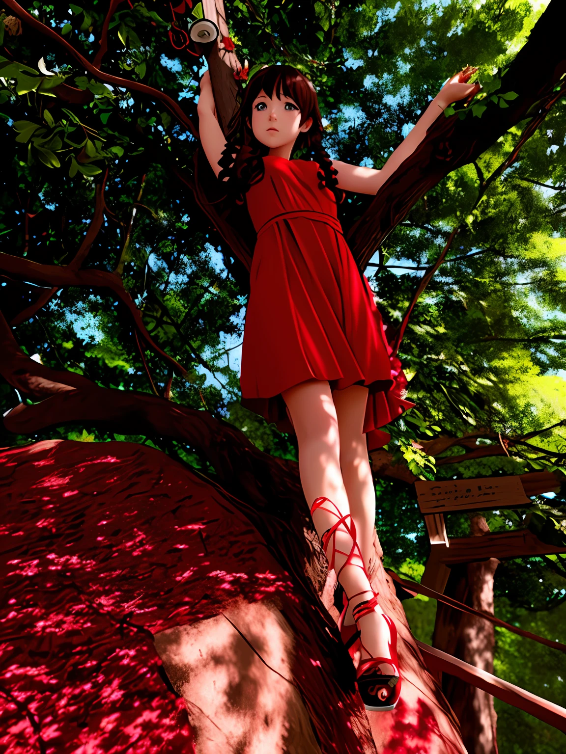 A beautiful girl in full body, wearing a red crop top, with a red skirt, with a red furry boot, with red dragon wings and long red wavy hair.