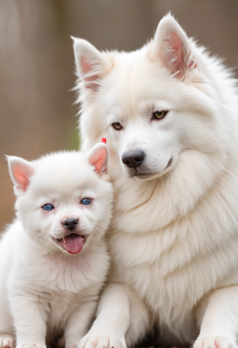 A photo of a Samoyed dog with its tongue out hugging a white Siamese cat
