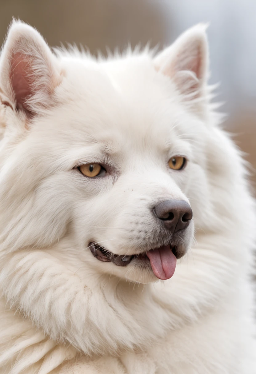 A photo of a Samoyed dog with its tongue out hugging a white Siamese cat