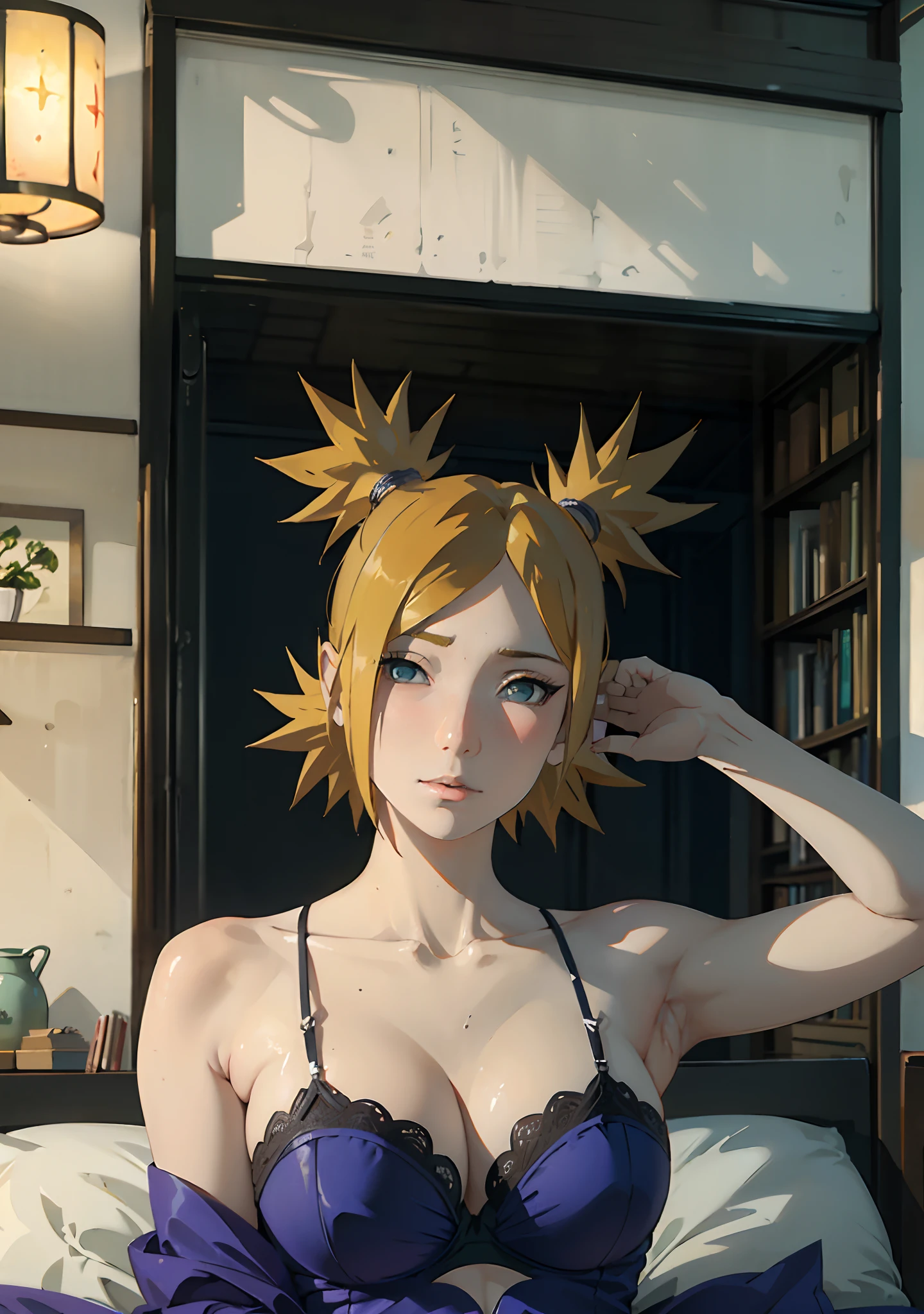 ((((masterpiece, best quality, high resolution)))), 1girl, wavy hair, average breasts, blush, light smile, glow, thighs, bare shoulders, collarbone, narrow waist, cleavage, (masterpiece), (beautiful detailed face, beautiful detailed eyes), bedroom, night time, lying on bed, arms up, (from above view), (black lingerie), hands behind head, temari\(boruto\)