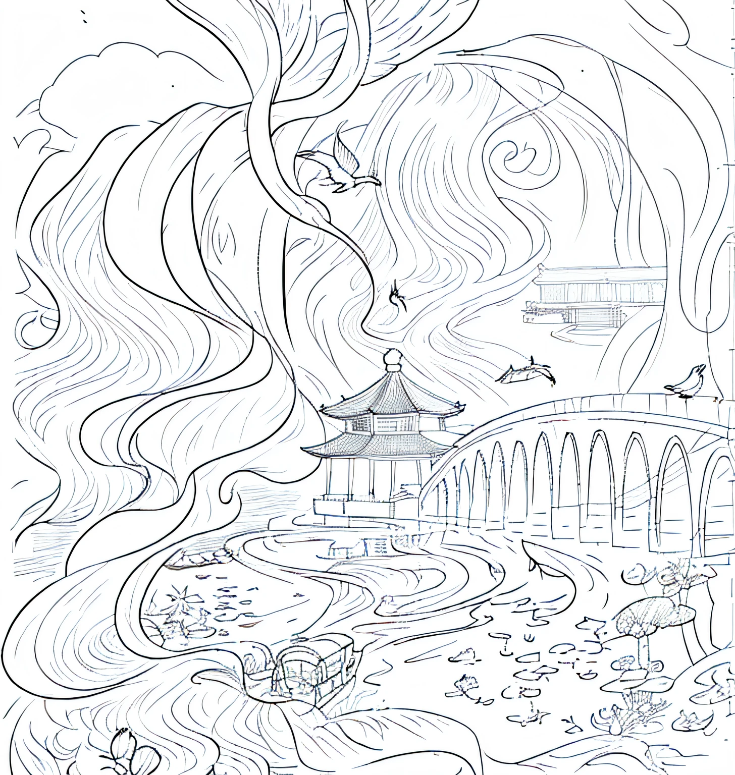 Draw a bird flying over a pond，In the background is a pagoda, concept piece, inspired by Sōami, inspired by Kanō Motonobu, inspired by Tawaraya Sōtatsu, Outline sketch, anime city lineart, clean lineart, white backgrounid, monochrome, Line drawing, ((Sketch))