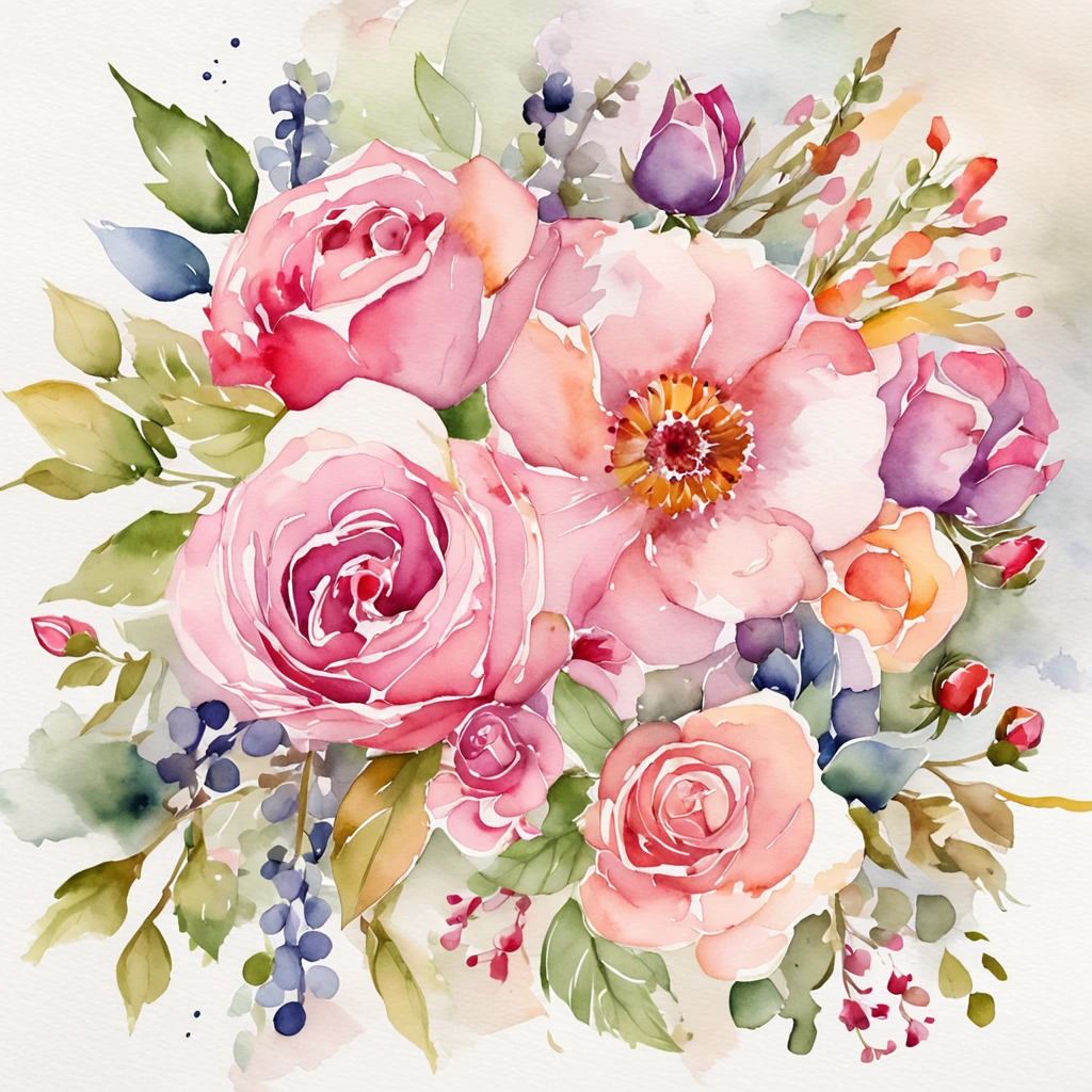 wreath, Floral frame, Delicate watercolor flowers in pink and vibrant rose tones, Engaging illustrations.