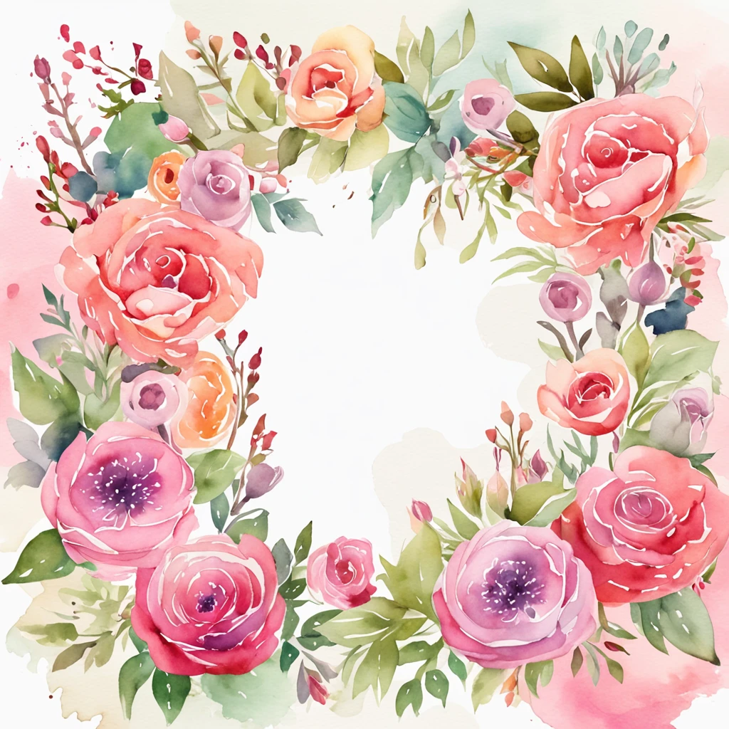 wreath, Floral frame, Delicate watercolor flowers in pink and vibrant rose tones, Engaging illustrations.