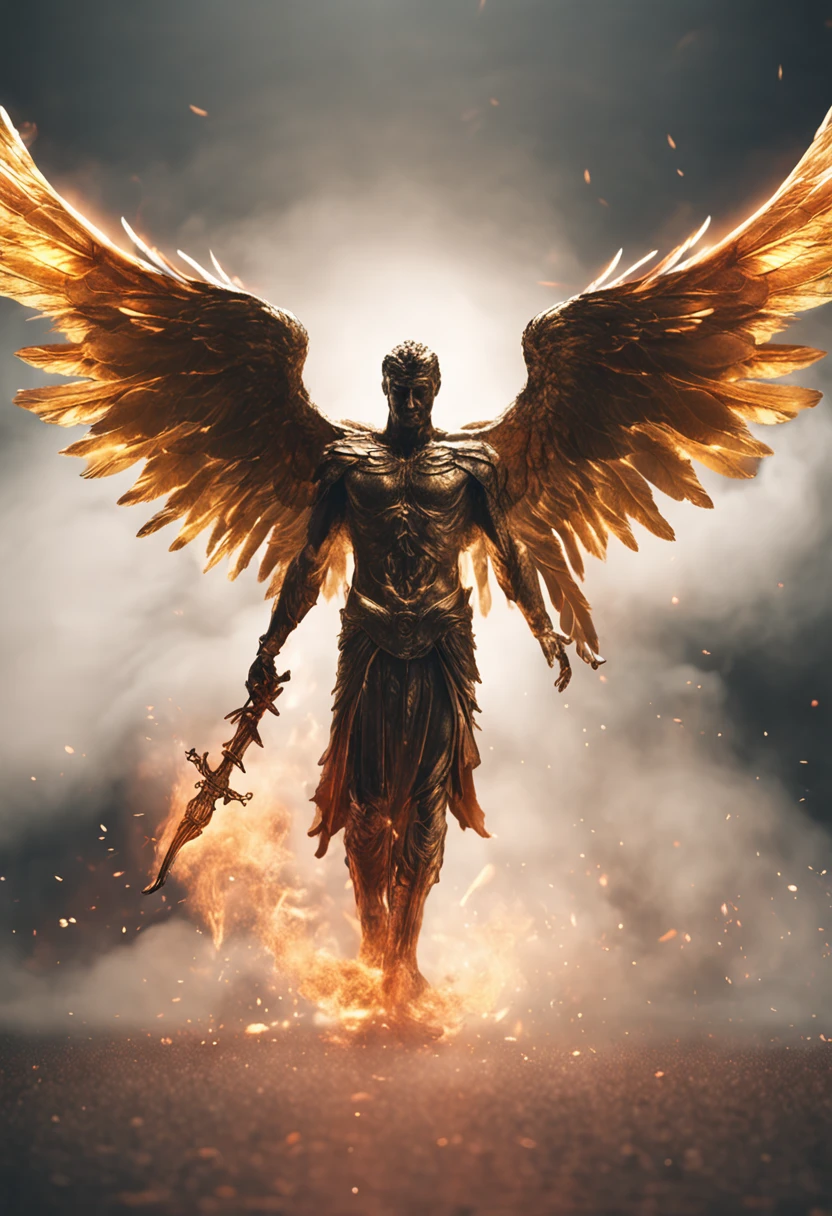 Ultra-realistic angelic figure: A golden angel with wings spread with a fiery sword in his hand in a gloomy, dark smoke setting