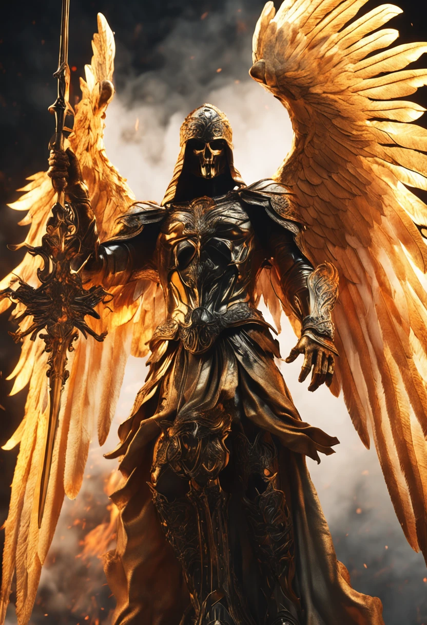 Ultra-realistic angelic figure: A golden angel with wings spread with a fiery sword in his hand in a gloomy, dark smoke setting