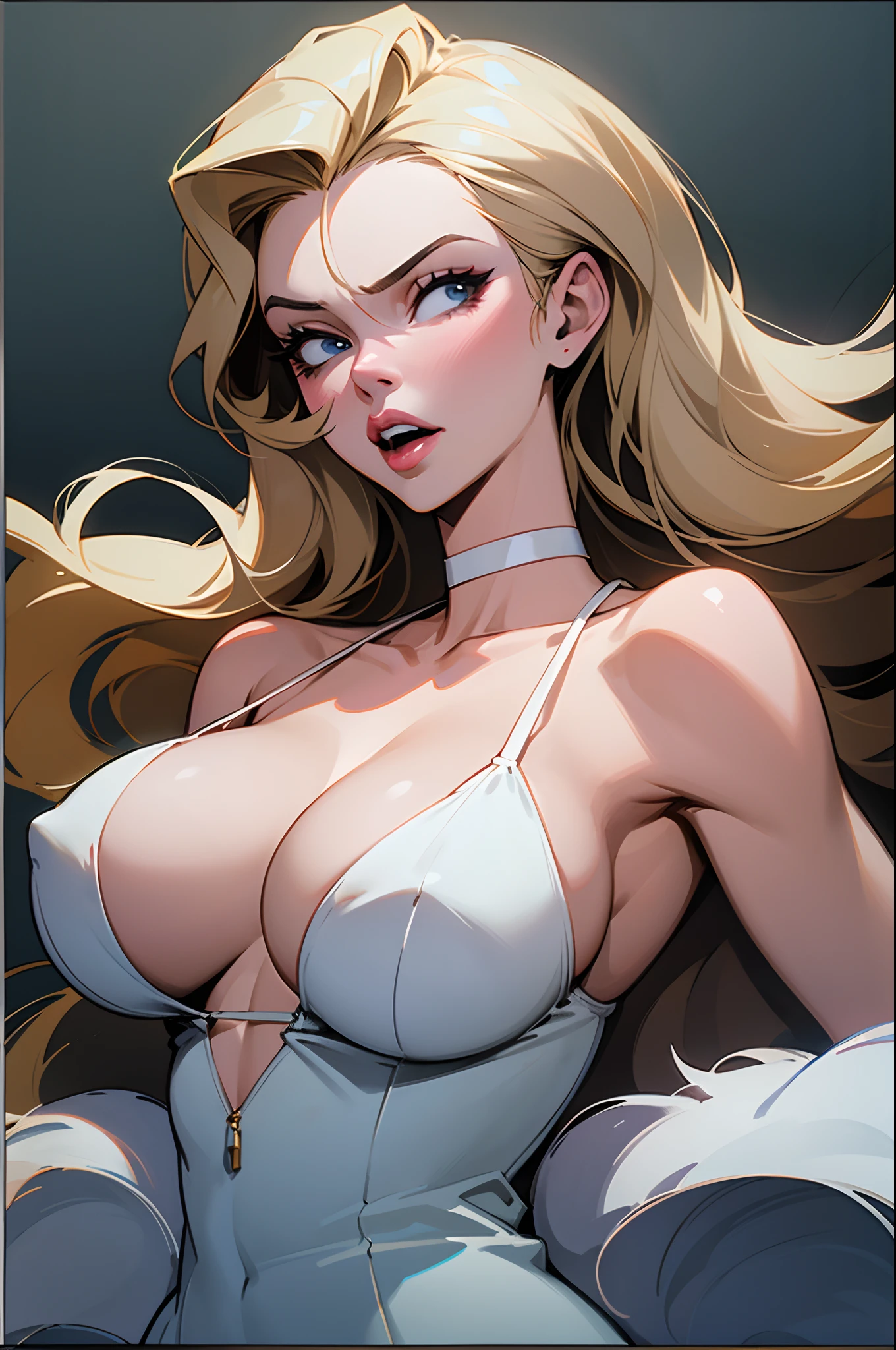 In the style of cel animation, Kim Basinger animated Holli Wood in  white low cut dress with a white choker,  large boobs, --auto --s2