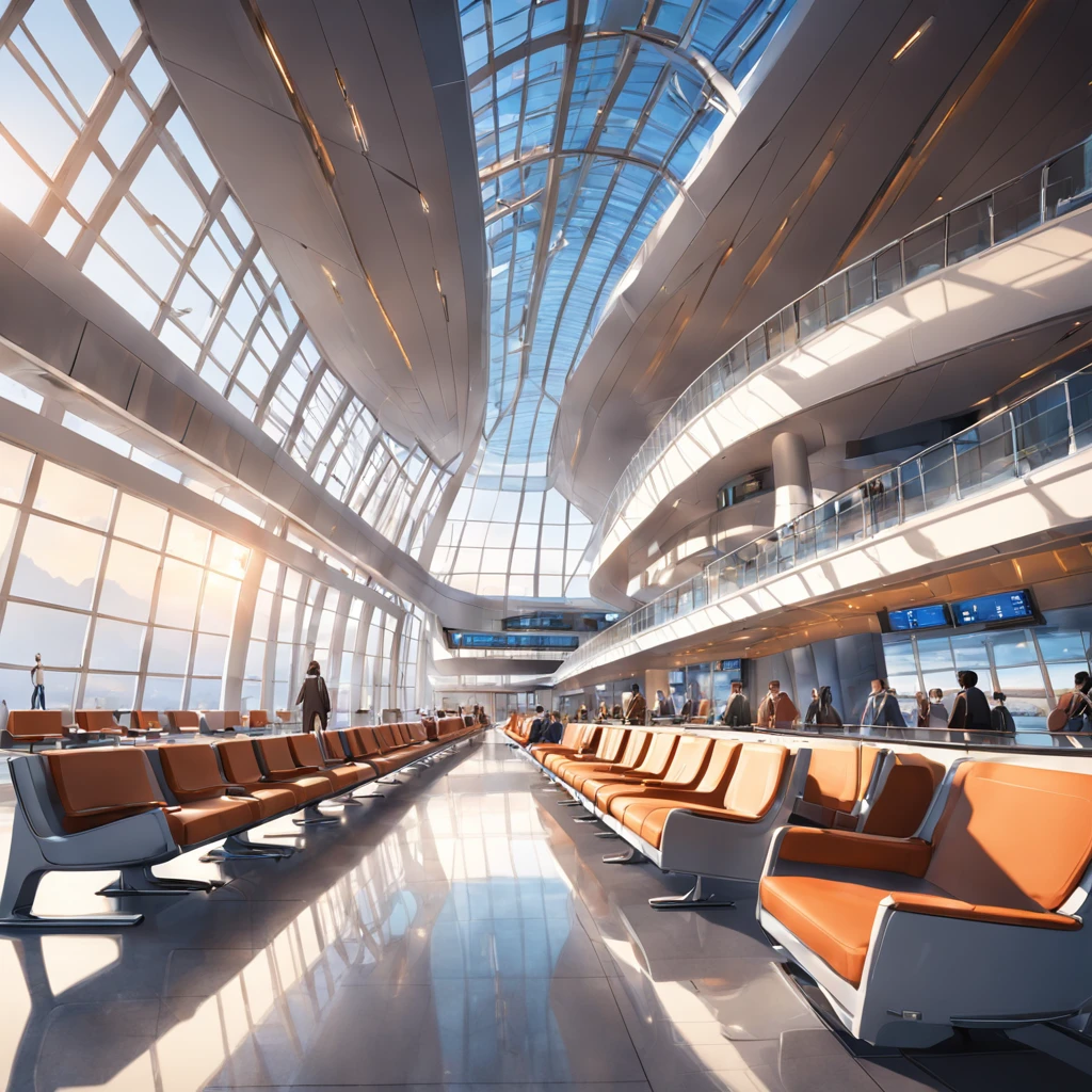 "Modern and stylish airport terminal with luxurious and comfortable seating, Elegante Beleuchtung, Schlankes Design, Panoramafenster mit herrlichem Blick auf die Start- und Landebahn, Bustling atmosphere, Gate Chairs, und ein Hauch von Raffinesse."