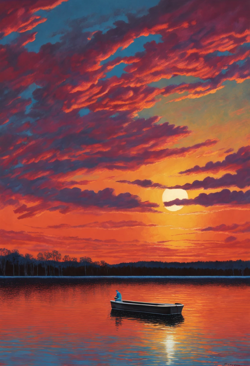 Pa painting of a sunset over a lake, a fine art painting by Yvonne Jacquette, deviantart, american scene painting, art on instagram, detailed painting, oil on canvas