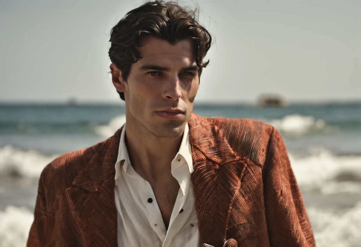 young socialistic cute man from a Greek island, goth fashion photography, style 1970s, vivaln daj, Stara zápaska i vodeme, in the style of advertising-inspired, video montages, male beauty sensibility, hot emotional expression, sad canon af35m, magic stunning portraiture, subtle sadness, SOCIALISTIC documentary --c 20
