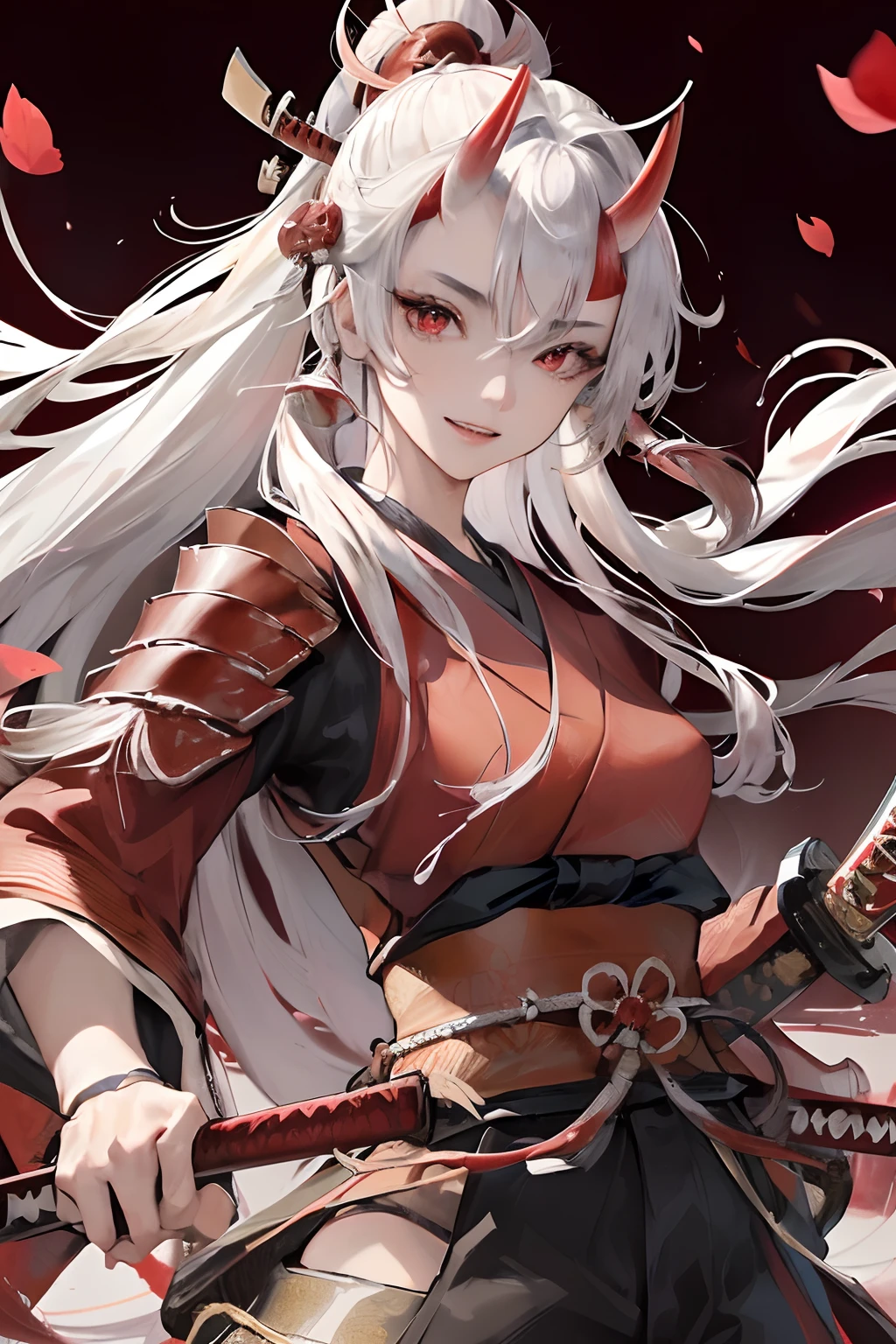 Official art, masutepiece, Sharp Focus, (Beautiful gorgeous cute Japan woman:1.3), (Beautiful cute Japan woman:1.3), Delicate Beautiful Hair and Eyes and Face, Realistic, Ultra-detailed, Beautiful Girl, From below, Dramatic Lighting, Night, An ancient Japan town, bonfire, Red petals, Nice big big hips, Smile with teeth, (Smile with eyes, open both eyes), Scenery, Long straight hair, sexy facial expression, Dynamic Hair, Detailed platinum silver hair, (Red Japanese style armor), (red horns), dark backgrounds, ((holding samurai sword)), Long sword, Red Sword, Red Eyes, (Walking), soldier, accurate fingers, accurate hands