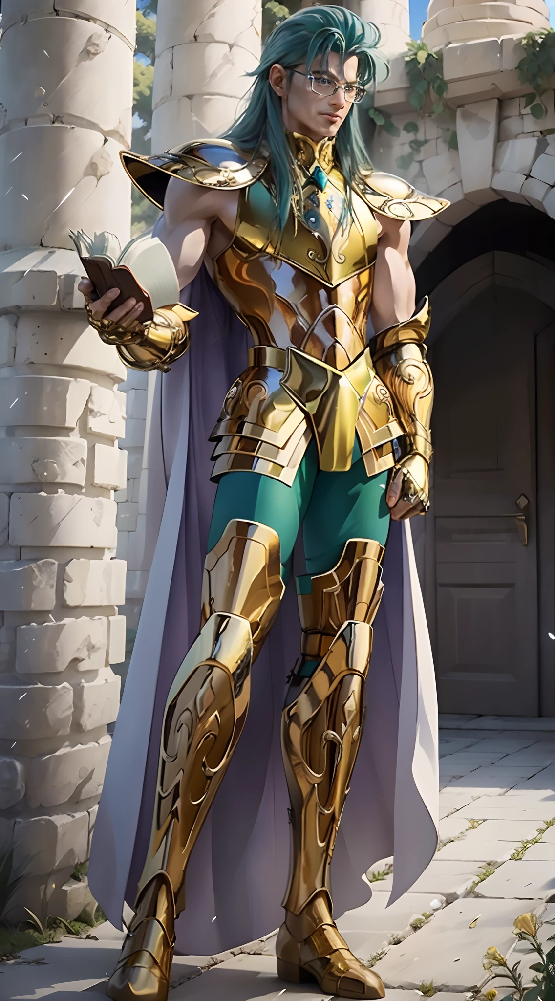 A man, male details, Degel Aquarius from Saint Seiya, masterpiece, best quality, highly detailed RAW color photo, sharp focus, 8k high definition, reading (glasses:1.5), (holding a book:1.5), long hair, turtle neck, male wearing gold armor, light turquoise green hair, tight-fitting green undergarment beneath armor, purple eyes, leg armor, shoulder armor, yellow armor, reflection on armor, headset, yellow headband, sparking armor, white skin-tight transparent vinyl, gentle smile, in an open and well-lit Coliseum with Greek pillars and garden with flowers, Aquarius Armor, standing straight, sacredness, landscape, bright, facial freckles (0.1), to8contrast style, posing in a bright Coliseum with Greek pillars, rim lighting (1.4), two-tone lighting with soft highlights, octane, unreal, well-lit, aura of wisdom.