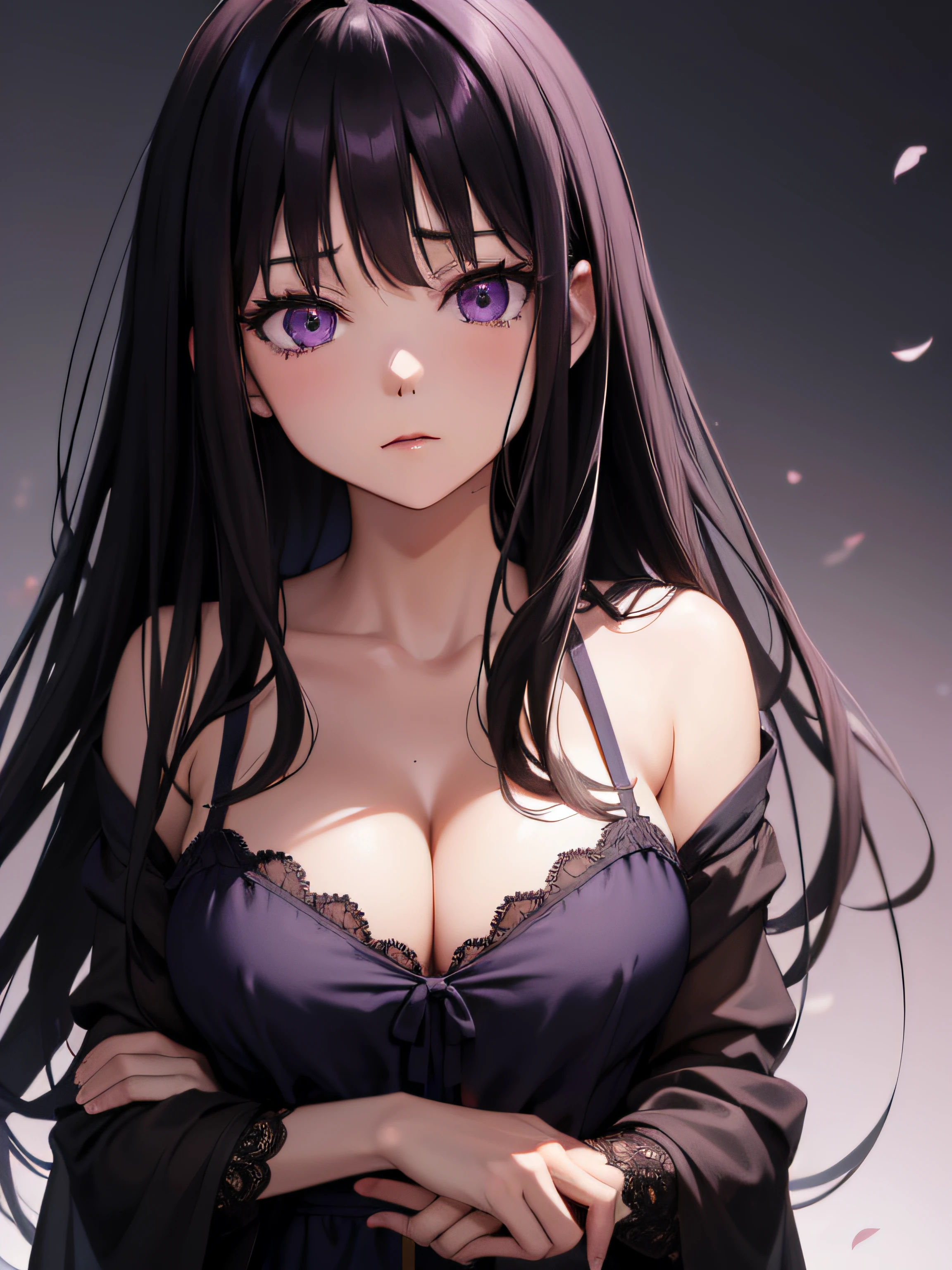 2d, sketch art, one anime woman, sad, black hair, medium breasts, cleavage, POV, close up, nightgown, (detailed eyes, beautiful eyes, purple eyes:1.2)