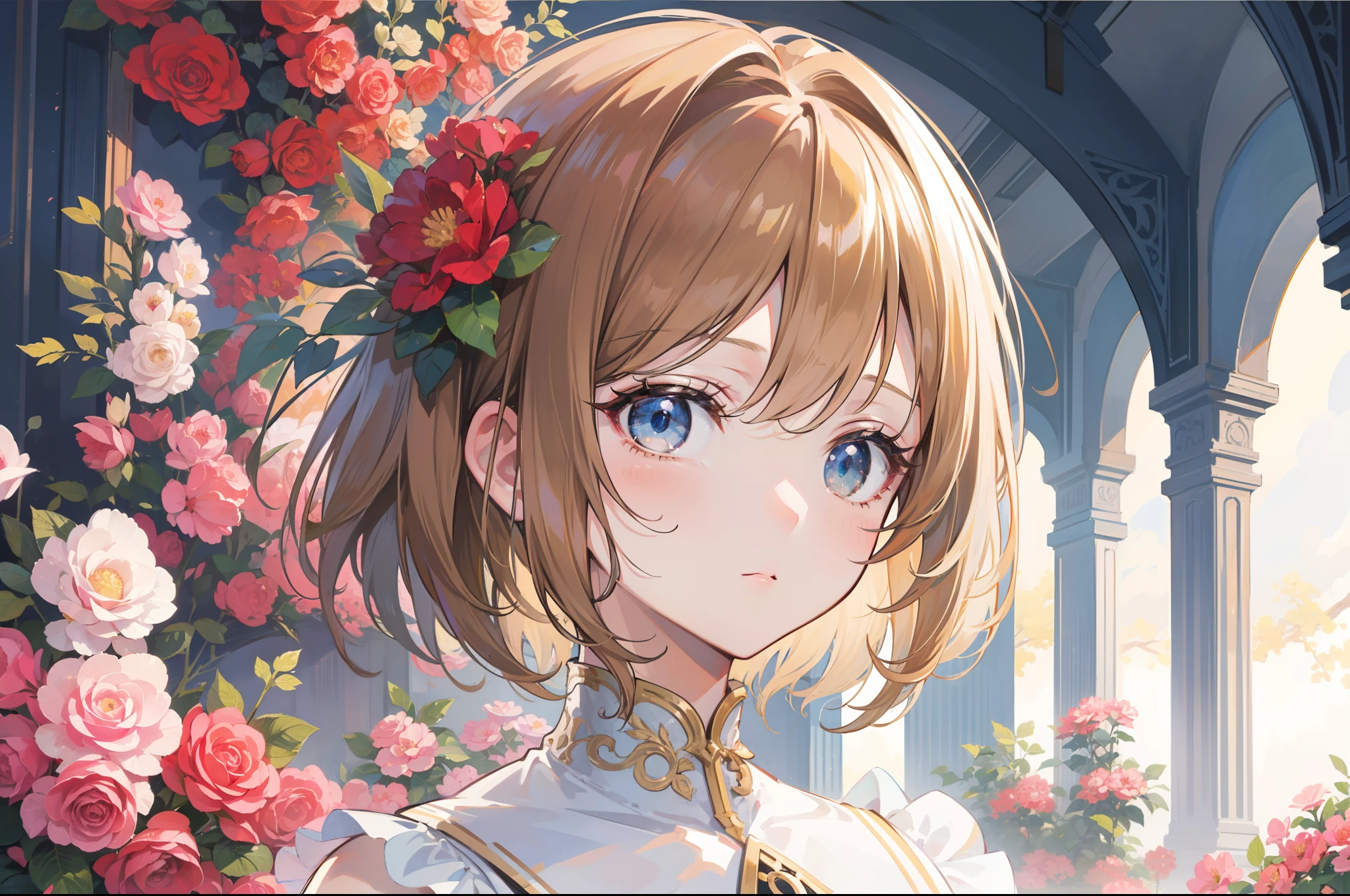Official Art, Masterpiece European female face, short hair, lightbrown hair, brown eyes , flower garden , (masterpiece、top-quality、hight resolution: 1.4),in 8K, Drawing of a woman with short lightbrown hair, Anime Art Nouveau, highly detailed exquisite fanart, anime fantasy illustration, clean detailed anime art, detailed anime art, Sharp Focus, Delicate Beautiful Hair and Eyes and Face, realisitic, ultra-detailliert, a beauty girl, sunlight