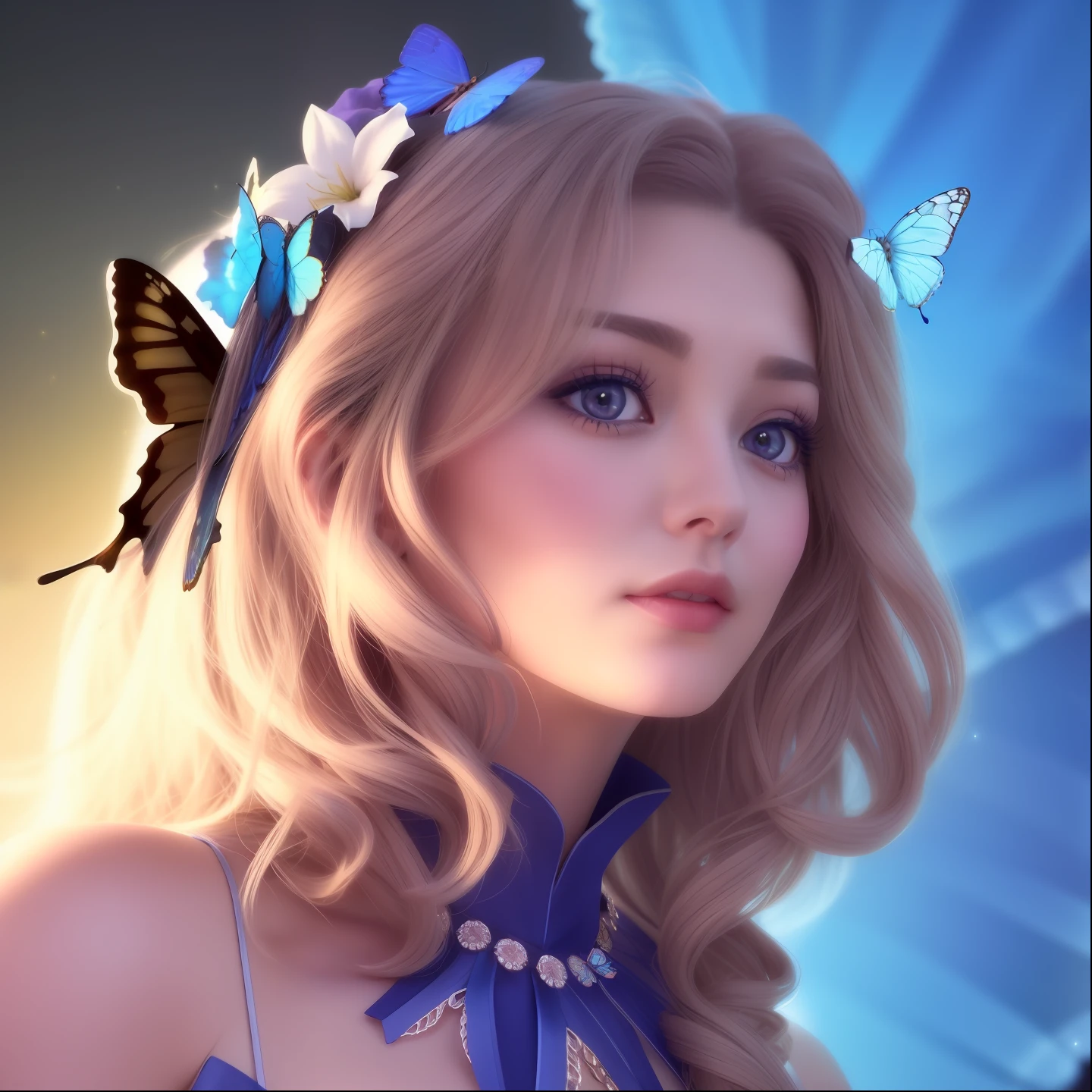 Woman with purple long hair, woman with beautiful face, woman with beautiful blue round eyes, woman with blue feather wing on her right hand, beautiful woman with pink lipstick, morning background, woman with beautiful pink flower on her blonde short hair, woman using pink skirt, woman with gold Root accessories on her body, woman on green leaf background, woman with golden accessories on her head, woman using blue dress and pink white gradient color, pink flower on her Purplehair, purple dress, i SAID purple DRESSSSS