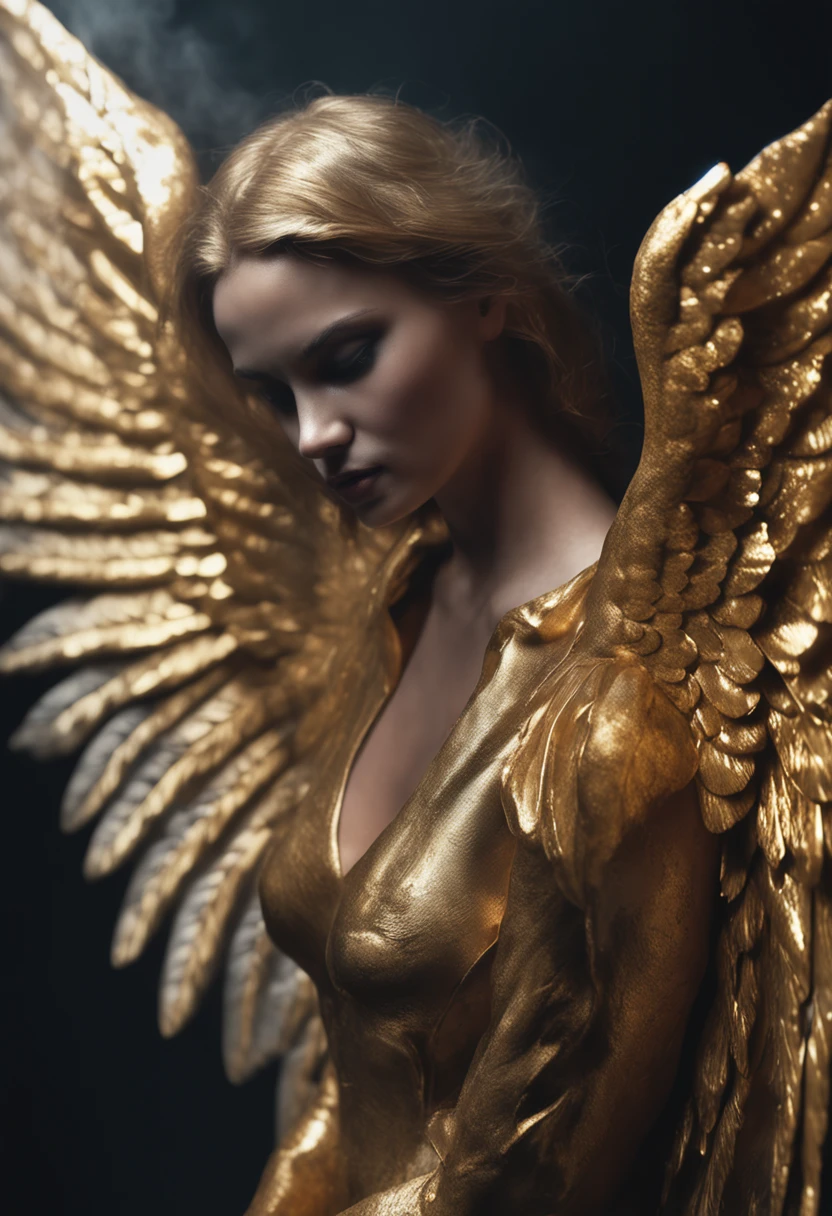 Ultra realistic angelic figure A golden angel with wings spread in a gloomy setting and with dark smoke Image in the format 16:9