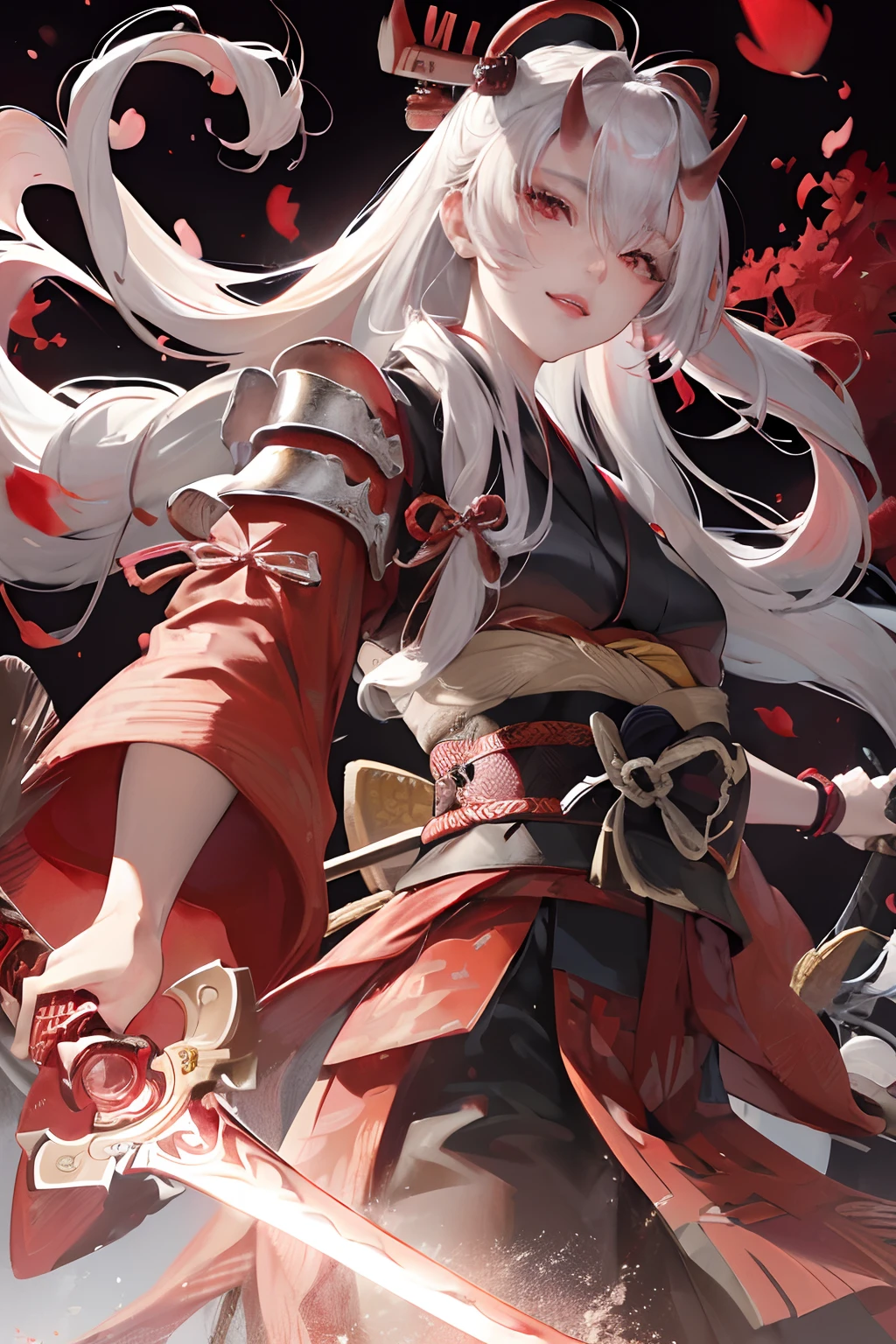 Official art, masutepiece, Sharp Focus, (Beautiful gorgeous cute Japan woman:1.3), (Beautiful cute Japan woman:1.3), Delicate Beautiful Hair and Eyes and Face, Realistic, Ultra-detailed, Beautiful Girl, From below, Dramatic Lighting, Night, An ancient Japan town, bonfire, Red petals, Nice big big hips, Smile with teeth, (Smile with eyes, open both eyes), Scenery, Long straight hair, sexy facial expression, Dynamic Hair, Detailed platinum silver hair, (Red Japanese style armor), (red horns), dark backgrounds, ((holding samurai sword)), Long sword, Red Sword, Red Eyes, (Walking), soldier, accurate fingers, accurate hands