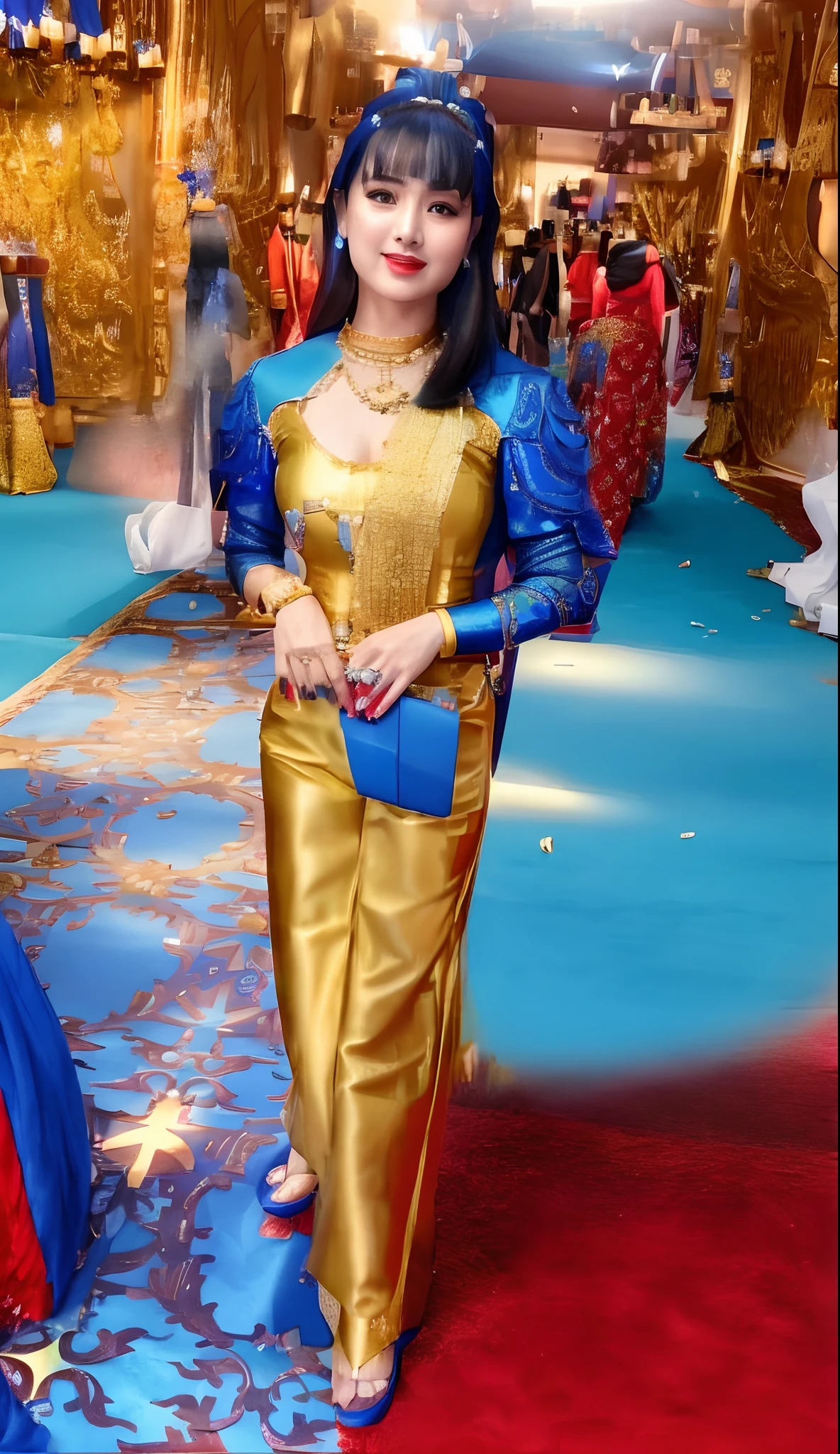 woman in leather pants and a blue top standing on a red carpet, golden blue outfit, with lovely look, candid picture, very very low quality picture, candid photograph, background is heavenly, 🤬 🤮 💕 🎀, with fashion clothe, traditional clothes, wearing an ornate outfit, sukhothai costume, blue colored traditional wear, leaked image, candid photo