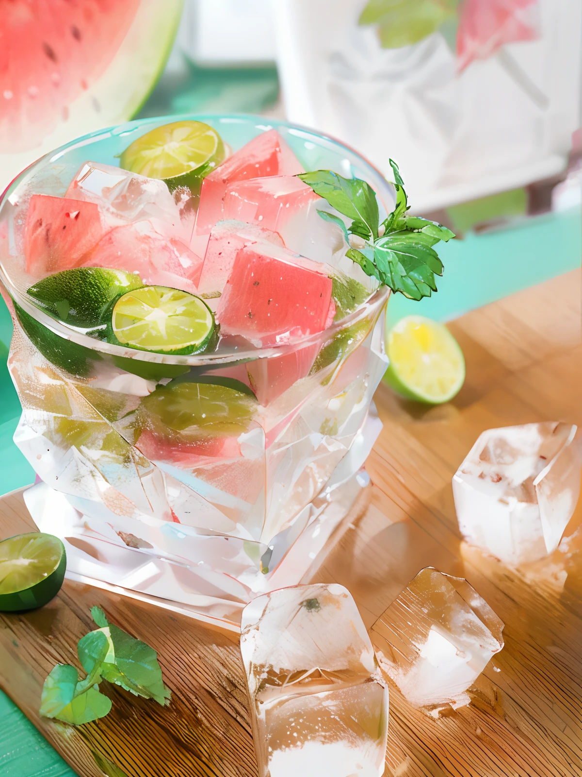 A glass of soda, frozen, frozen effect, on a wooden tray with pieces of watermelon, with mint leaves, cut small turquoise greens, with ice cubes, a few scattered ice cubes on a wooden board, super realistic Food pictures, full theme shown in photos,, Randy Post, hyper realistic &quot;, hyper realistic&quot;, high res photo