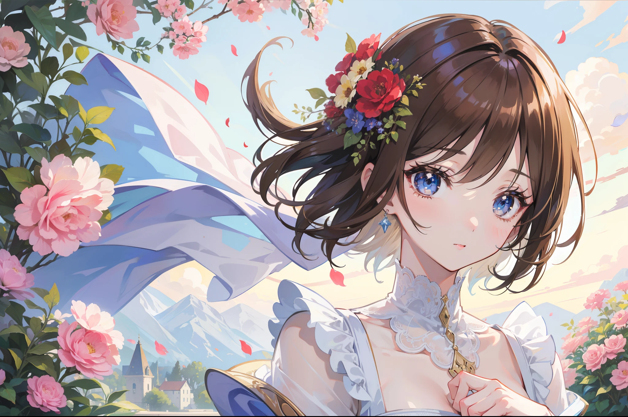 Official Art, Masterpiece European female face, short hair, lightbrown hair, brown eyes , flower garden , (masterpiece、top-quality、hight resolution: 1.4),in 8K, Drawing of a woman with short lightbrown hair, Anime Art Nouveau, highly detailed exquisite fanart, anime fantasy illustration, clean detailed anime art, detailed anime art, Sharp Focus, Delicate Beautiful Hair and Eyes and Face, realisitic, ultra-detailliert, a beauty girl, sunlight