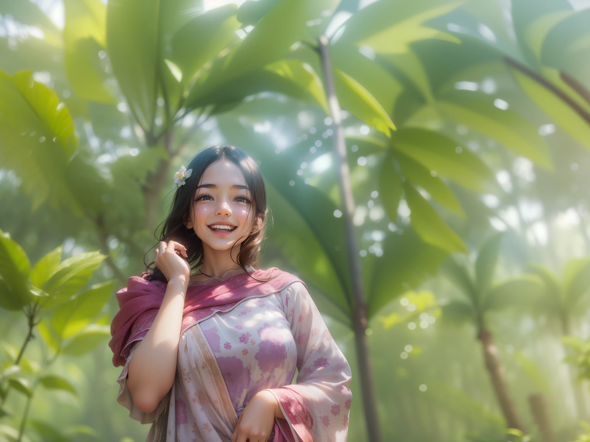 Close-up of faces,1 girl,happy laugh,Delicate face,Smooth skin,Elaborate Eyes, ( bokeh, Out of Focus, Soft Lighting, movie lighting, God Ray, UHD