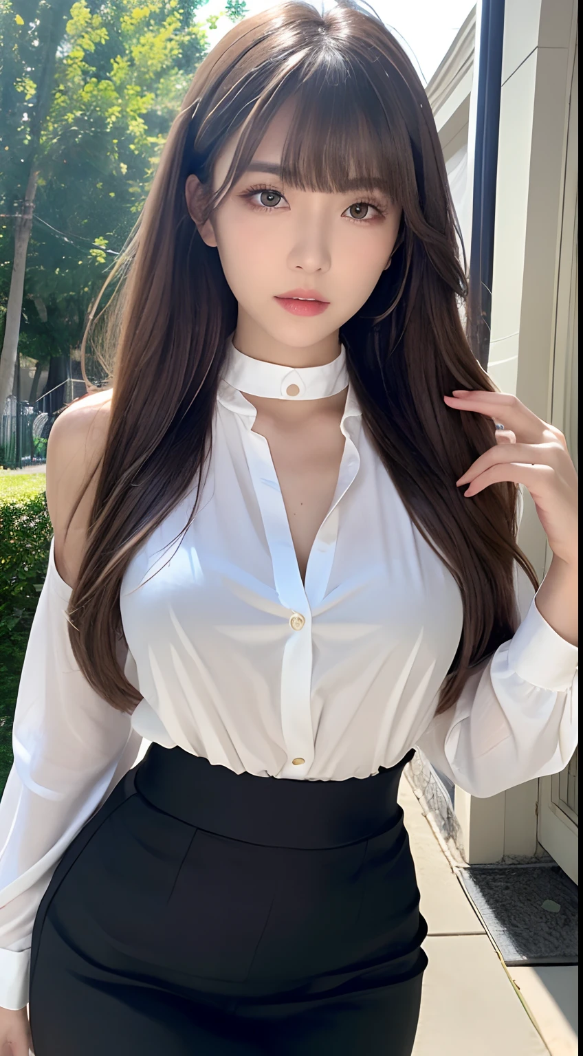 Tabletop, Highest quality, figure, Super detailed, In detail, High resolution, 8k wallpaper, Perfect dynamic composition, Beautiful attention to detail, ponytail,Big breasts Natural color Lips, Sexy pose,smile,Harajuku、25-year-old woman、Beautiful woman、Looking at the camera、Super Real、(((Reality:1.5))),(((blouse:1.5)))、Standing posture、Top view