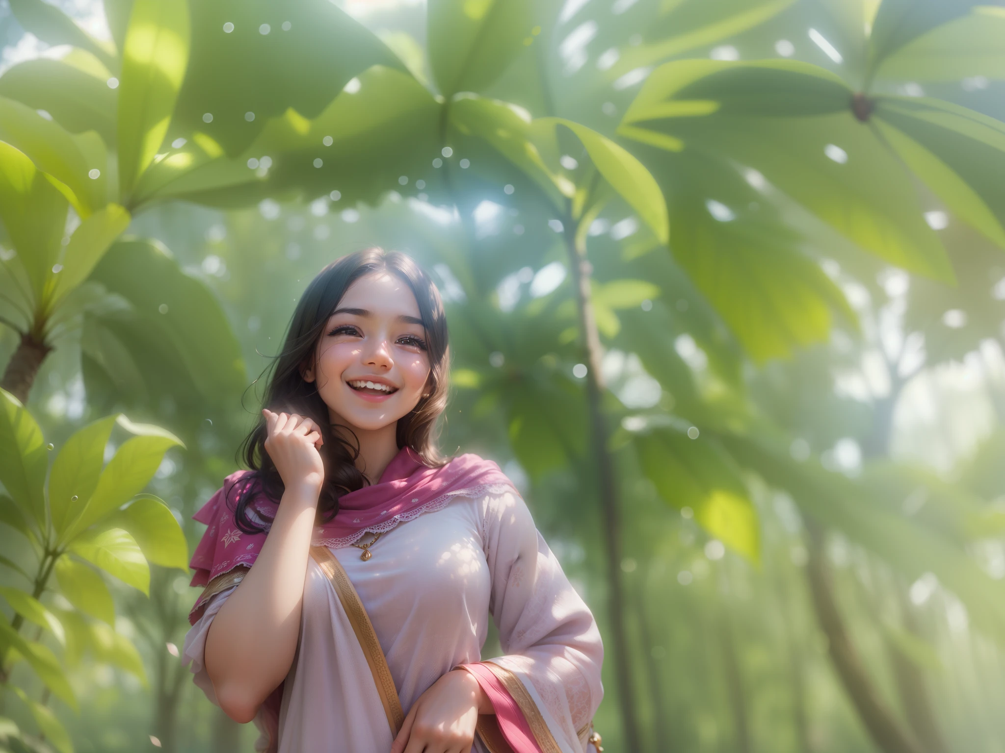 Close-up of faces,1 girl,happy laugh,Delicate face,Smooth skin,Elaborate Eyes, ( bokeh, Out of Focus, Soft Lighting, movie lighting, God Ray, UHD