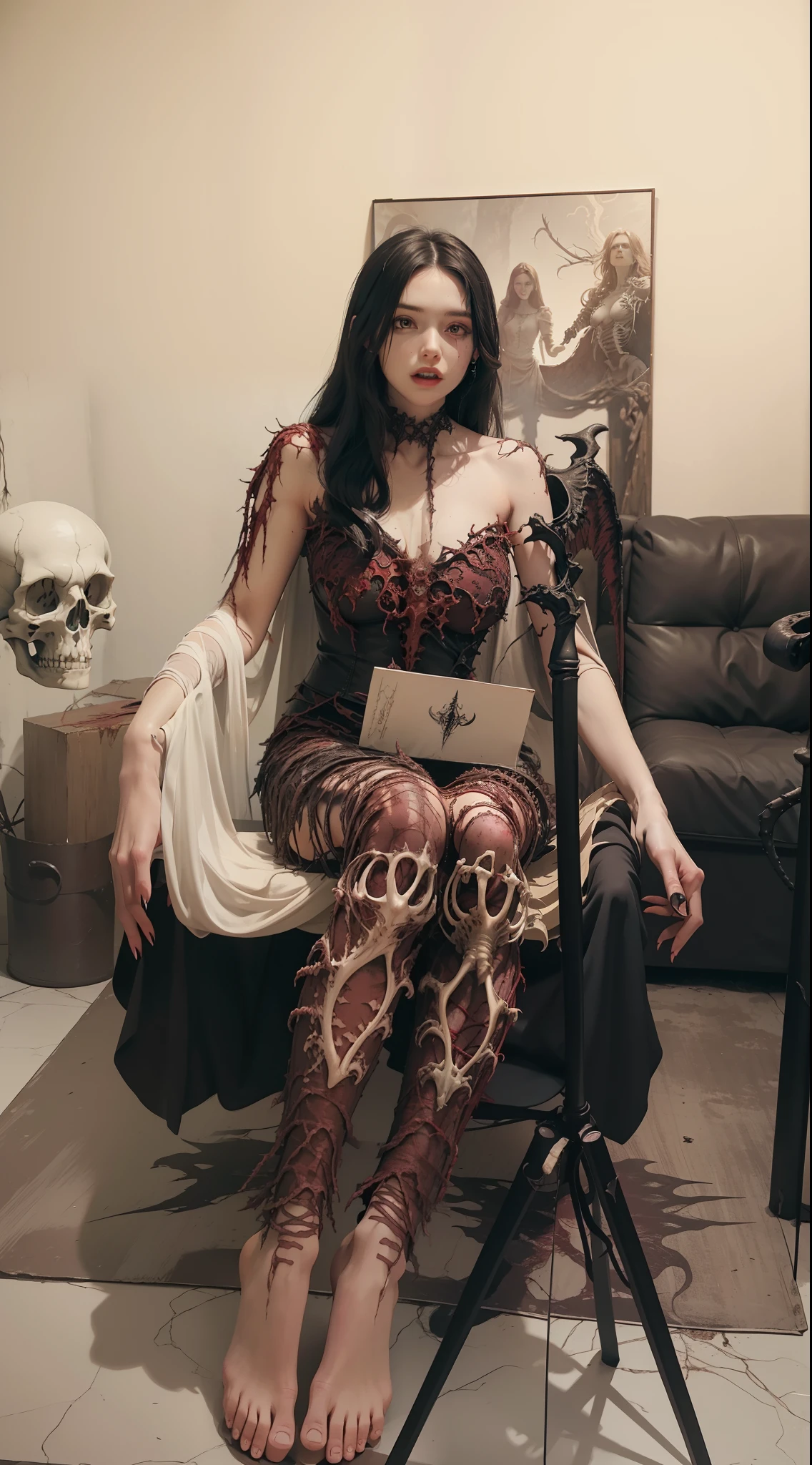 Fine matte painting, skeleton dark angel big wings haunted castle on drawing table full of knives, horror, spookiness, scary, secret horror, tentacles, vines, eyes, uncanny valley effect teeth, limbs, animals, blood moon,