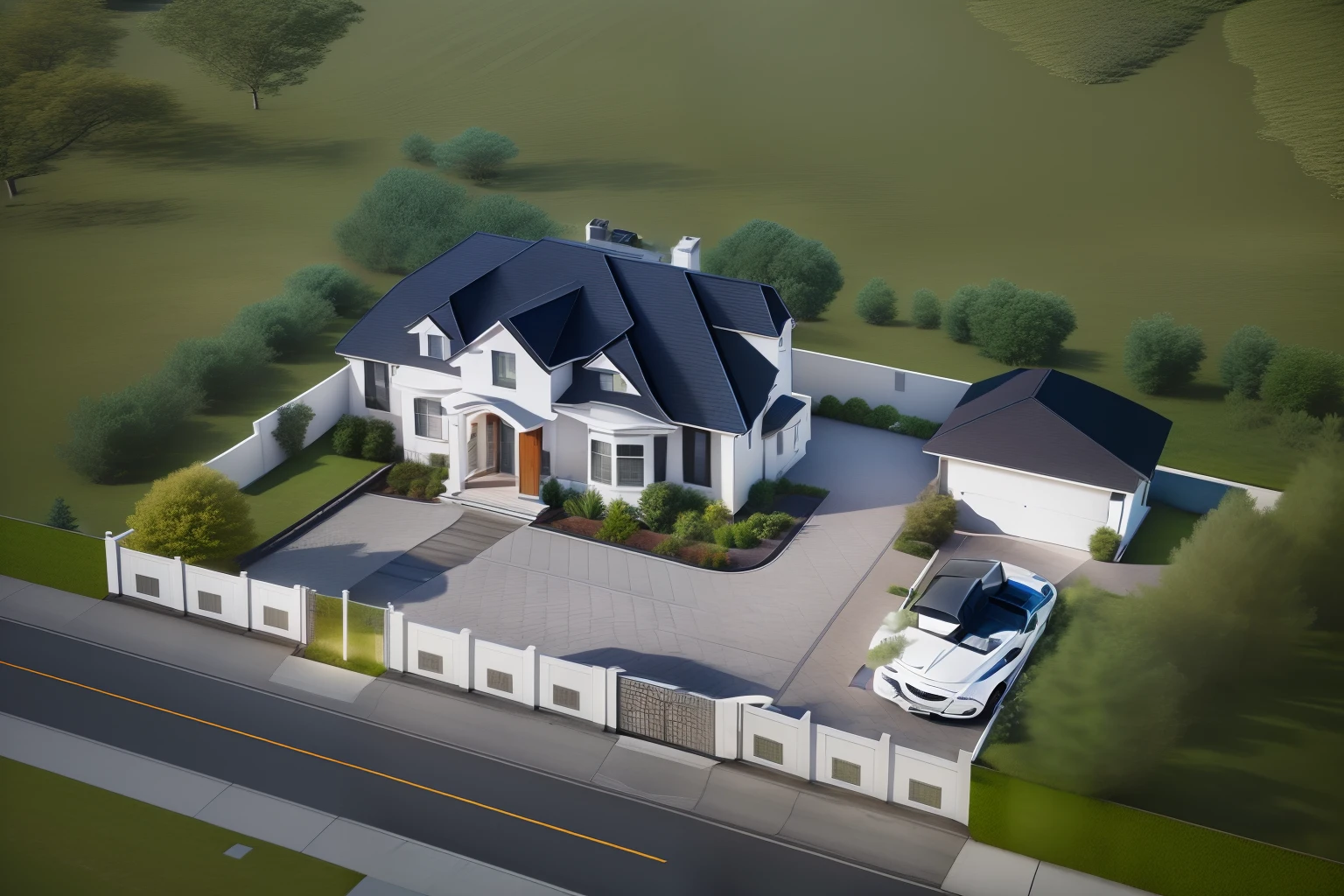 a rendering of a house with a driveway and a car parked in front of it, exterior design, highly rendered!!, overall architectural design, 3 d renders, neotraditional modern, architectural rendering, 3 d rendering, 3d rendering, architectural 3 d render, architectural visualization, precise architectural rendering, very realistic 3 d render, aerial perspective, architectural visualisation, professional render