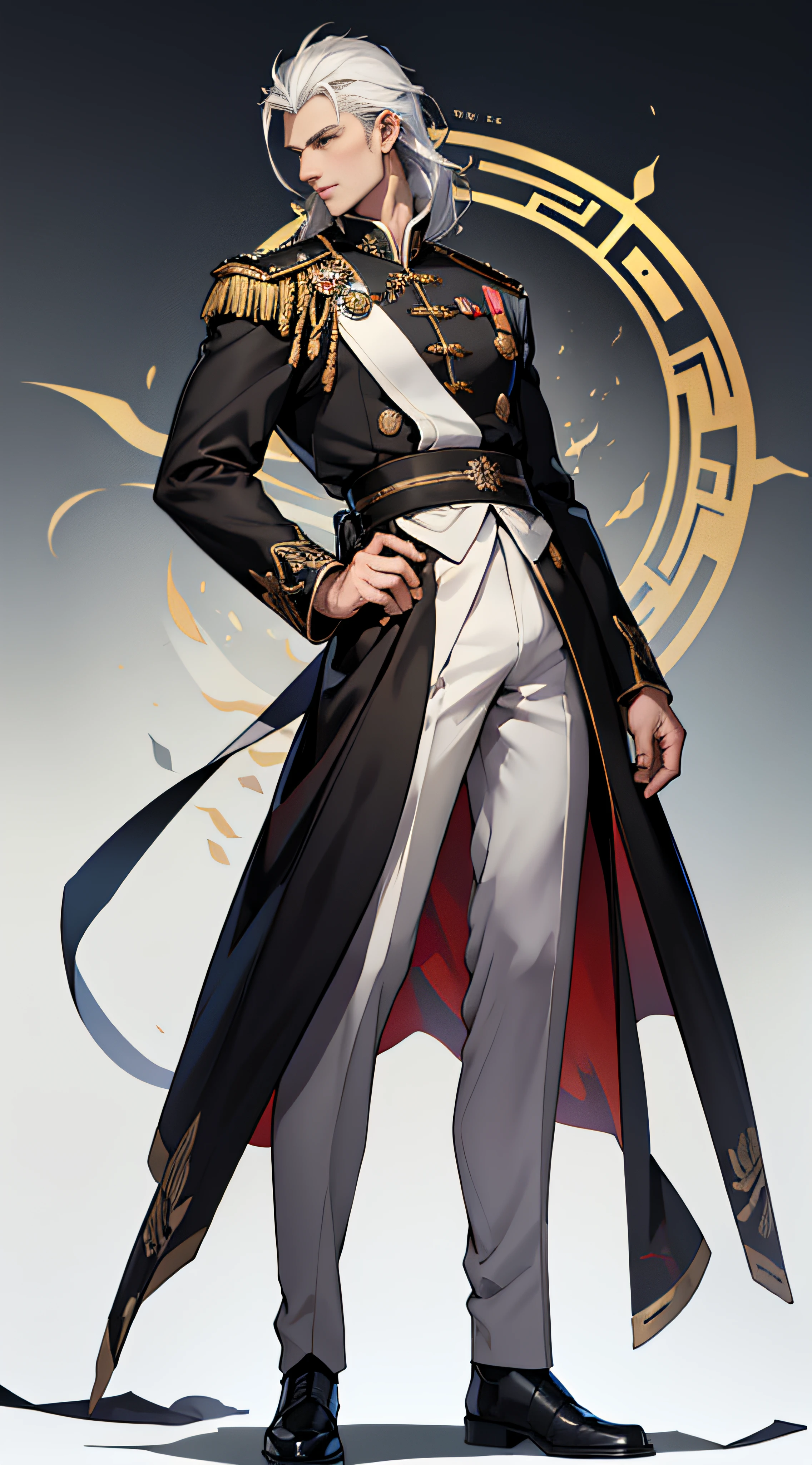 Caius is a handsome man, Stand at 7 feet tall. He has the structure of a kinetic body. He is dressed in a black royal costume. He has beautiful white silky hair. Big bulge in his pants. good quality, Ultra High Quality、nobles、Your Highness、prinz、military outfits、Military uniforms、 nobles, nobles, elegent, Proper, 、high-level image quality、high-level image quality、long legged、looking left、bras、traditional Chinese clothing、A black、Prince、composition seen from below、low angles、