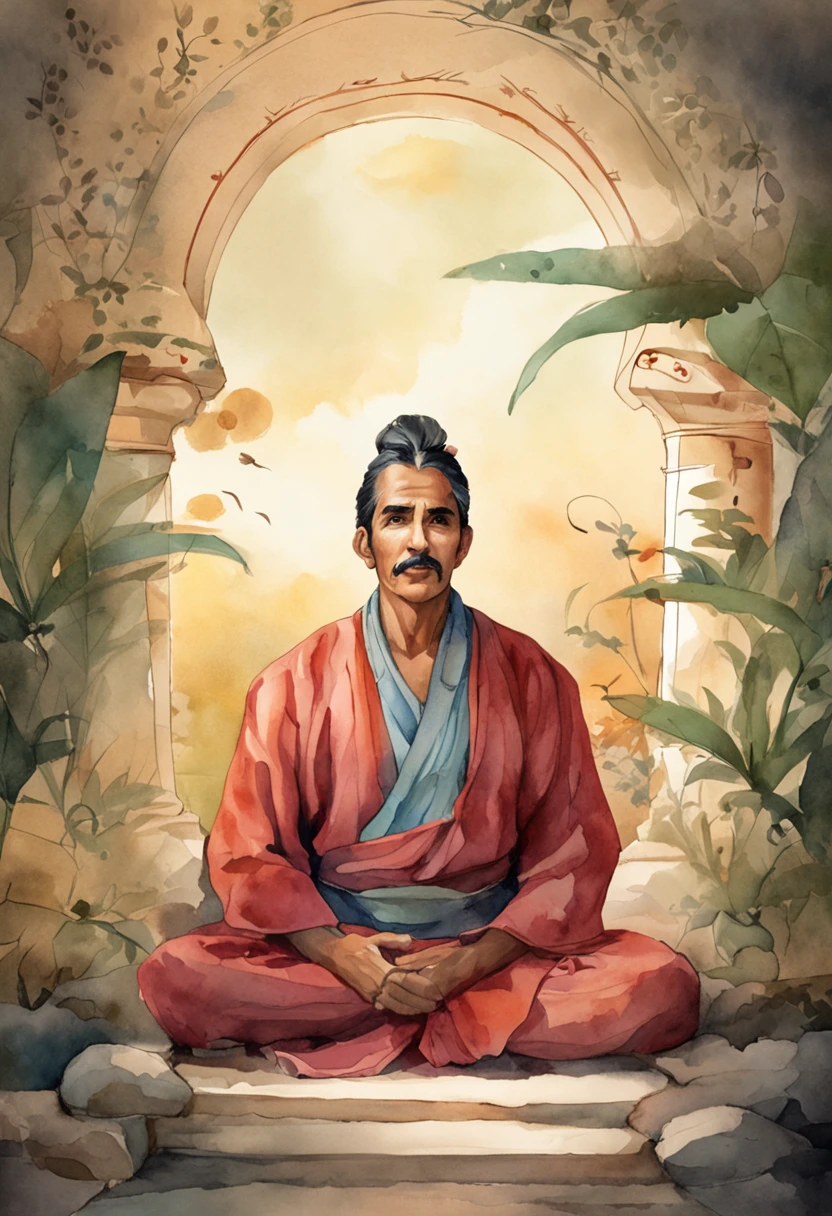 homem maduro, sitting in a meditation position, diante de um orisonte lindo, com o sol se pondo, in connection with the divine, foto de retrato, Directed by: Drew Tucker, Directed by: Adam Marczyński, Directed by: Alexander Kucharsky, Directed by: Gavin Nolan, Surrealismo 8K, Directed by: Jason Felix, Yuri Shwedoff e Tom Bagshaw, arte ilustrativa, Estilo Erik Johansson