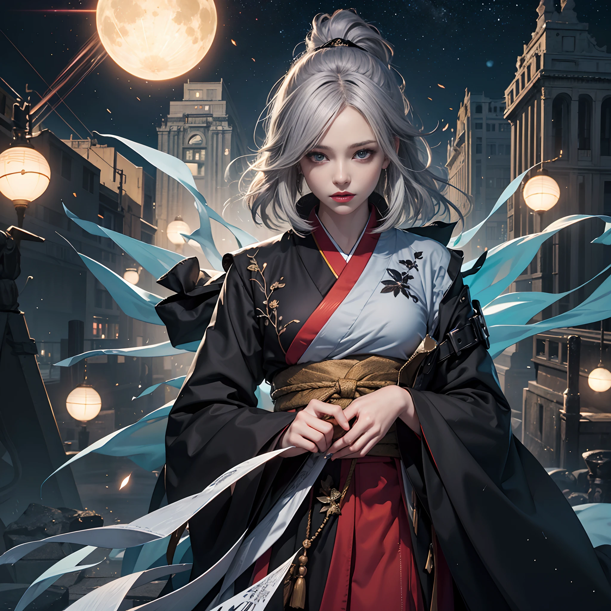 watching at viewers、odd eye、Wearing a gorgeous black kimono、Infinitely low exposure、8ｋAnime Artwork、Fantastic worldview、Background Ancient capital、Moonlit Night Background、full body Esbian、Colored inner hair, Grey Hair, Ponytail, Shiny hair, shairband,  Mismatched pupils, Hyper-Realism, Verism, Realism, depth of fields, Cinematic lighting, spark of light, Ray tracing, Wide Shot, F/16, nffsw, high details, High quality, Textured skin, 8K, Best Quality, hight resolution