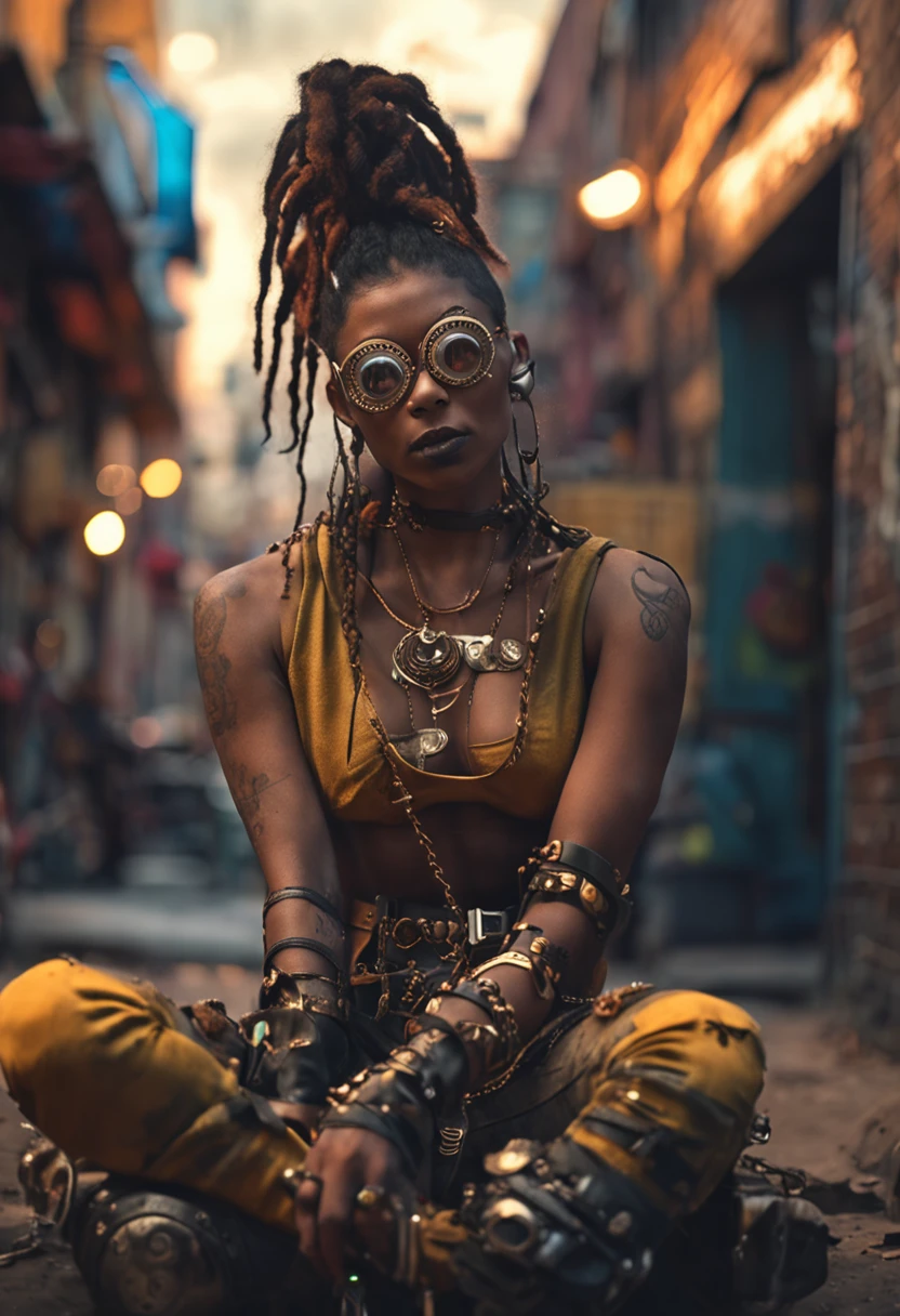 There's a sexzy indian 1woman with a steam-powered dusky skin, with big boobs,Royal look, arte conceitual street punk, sexzy full body view top to bottom, seated on queen chair, low angle , slim body, breathtaking beauty, vibrant, comprehensive cinematic, 8k, cinematic lighting, best quality, 4k,fog background ,arte street punk digital, arte street punk urban city area, Wojtek FUS, arte digital steampunk, detailed wild steampunk illustration, Portrait of a gold and copper chained woman, arte street punk, estilo de arte dieselpunk, cyberpunk street punk, estilo de fantasia street punk, Arte digital altamente detalhada em 4k, sci-fi street punk,clear relastic eyes