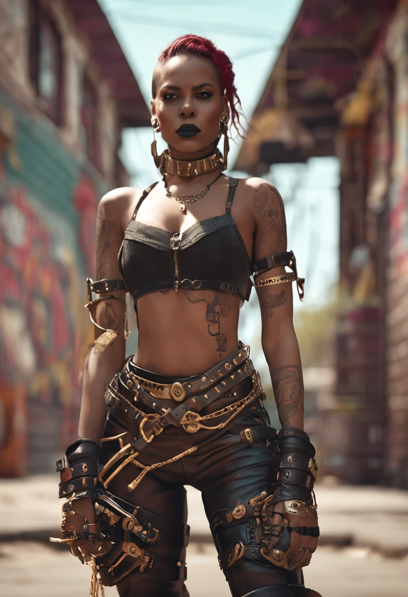There's a sexzy indian 1woman with a steam-powered dusky skin, with big boobs,Royal look, arte conceitual street punk, sexzy full body view top to bottom, seated on queen chair, low angle , slim body, breathtaking beauty, vibrant, comprehensive cinematic, 8k, cinematic lighting, best quality, 4k,fog background ,arte street punk digital, arte street punk urban city area, Wojtek FUS, arte digital steampunk, detailed wild steampunk illustration, Portrait of a gold and copper chained woman, arte street punk, estilo de arte dieselpunk, cyberpunk street punk, estilo de fantasia street punk, Arte digital altamente detalhada em 4k, sci-fi street punk,clear relastic eyes