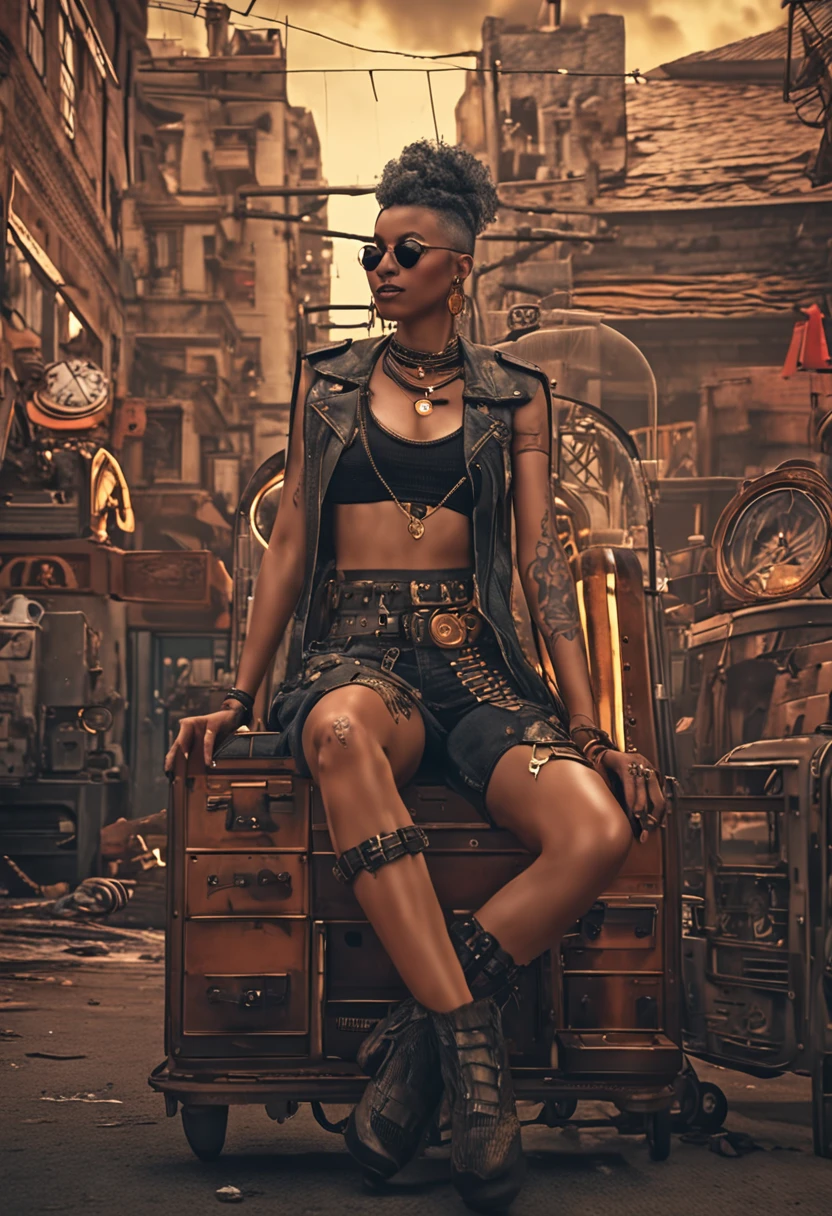 There's a sexzy indian 1woman with a steam-powered dusky skin, with big boobs,Royal look, arte conceitual street punk, sexzy full body view top to bottom, seated on queen chair, low angle , slim body, breathtaking beauty, vibrant, comprehensive cinematic, 8k, cinematic lighting, best quality, 4k,fog background ,arte street punk digital, arte street punk urban city area, Wojtek FUS, arte digital steampunk, detailed wild steampunk illustration, Portrait of a gold and copper chained woman, arte street punk, estilo de arte dieselpunk, cyberpunk street punk, estilo de fantasia street punk, Arte digital altamente detalhada em 4k, sci-fi street punk,clear relastic eyes