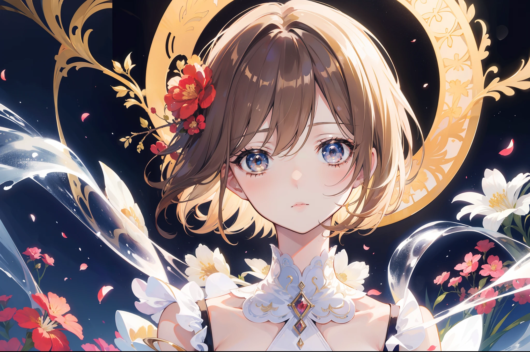 Official Art, Masterpiece European female face, short hair, lightbrown hair, brown eyes , flower garden , (masterpiece、top-quality、hight resolution: 1.4),in 8K, Drawing of a woman with short lightbrown hair, Anime Art Nouveau, highly detailed exquisite fanart, anime fantasy illustration, clean detailed anime art, detailed anime art, Sharp Focus, Delicate Beautiful Hair and Eyes and Face, realisitic, ultra-detailliert, a beauty girl, sunlight