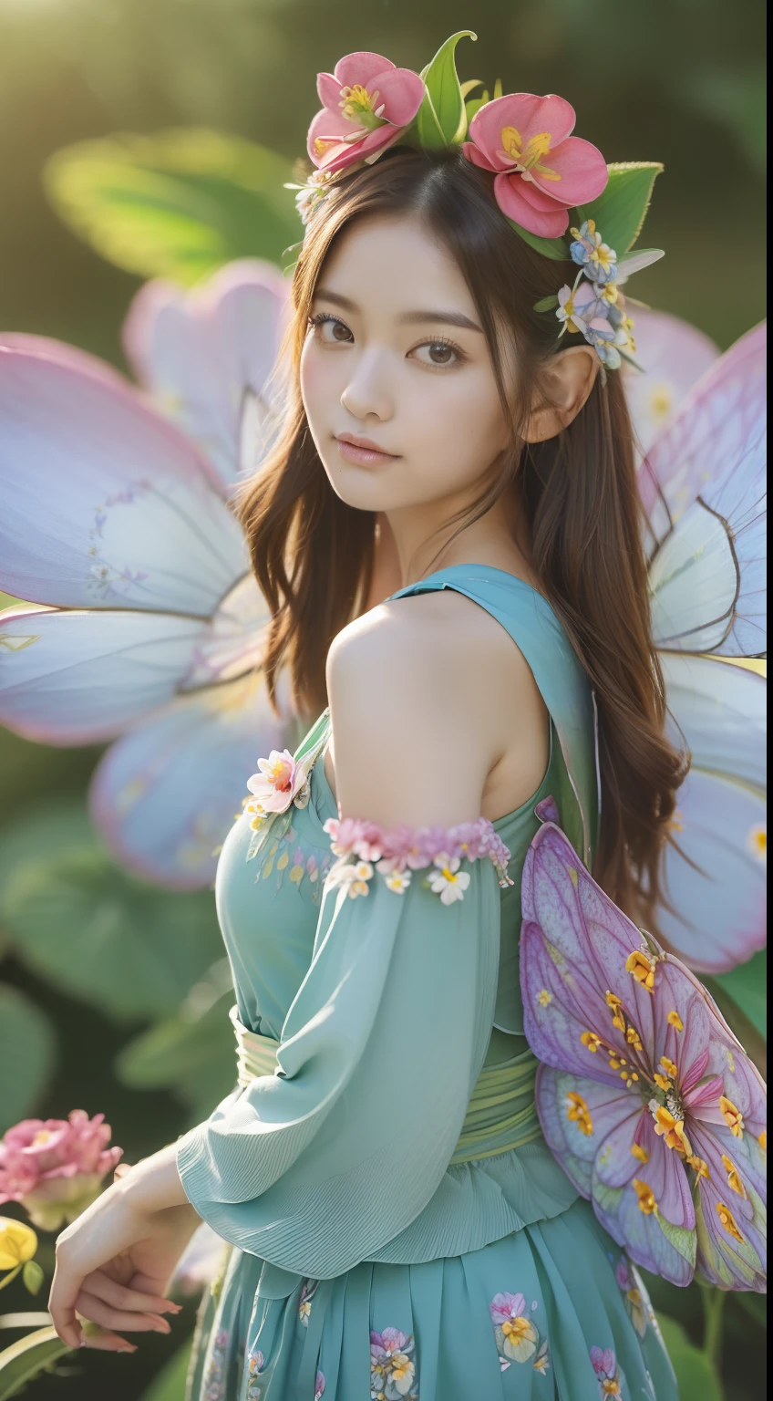 8K、(RAW Photo, Best Quality), (Realistic, Photo Realistic: 1.3), Best Quality, masterpiece、top-quality、(((Beautiful Girl Flower Fairy:1.5)))、((Full body image:1.3))、(big breasts:1.3)、((A flower fairy surrounded by only one flower in the world:1.5))
