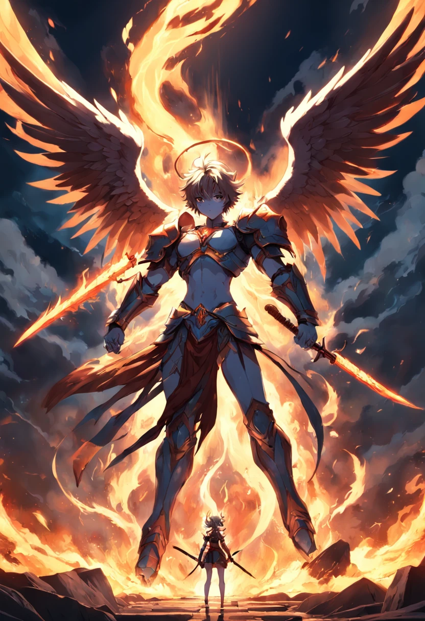 The six-winged archangel wields the flame sword and fights the angel and the demon