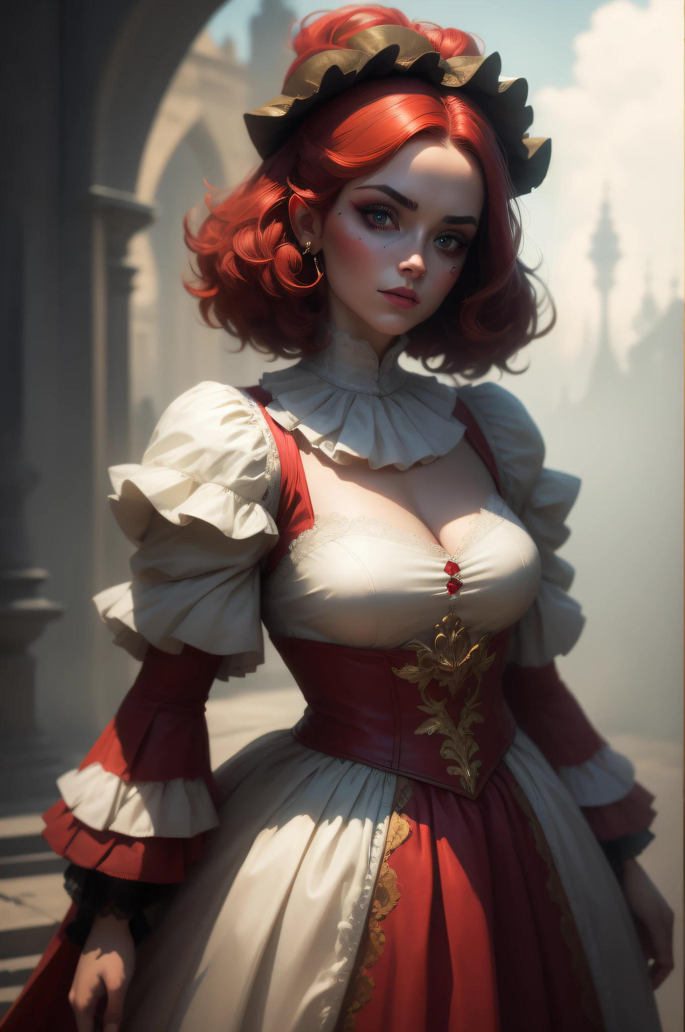 Foto profissional de A (mulher holandesa:1.1), She is wearing a clown costume and has very short red hair, pele detalhada, olhos detalhados, Detailed clown makeup, dentro da Arena de Circo Empoeirada, volumetric fog, Volumetric dusts, foto feita com Canon EOS em fotografia de estilo natural, Popular No ArtStation, Popular no DeviantArt, Popular no Flicker