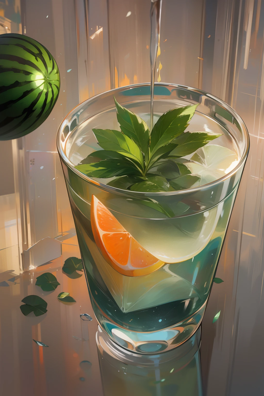 A glass of soft drink,Frozen,Freeze effect,Place on a wooden pallet,There are a few pieces of watermelon inside,There are mint leaves,Cut small orange green,There are ice cubes,There are several scattered ice cubes on the board,Super realistic food pictures, full subject shown in photo,The Arthur effect, Gradient translucent glass melt, Caustics, Glass texture, Irridescent color, Designed by Dietrams, Simple, Glows in high detail, industrial design, studio lit, C4D, OC renderer, Clean shadows, 4K